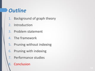 Outline
1. Background of graph theory
2. Introduction
3. Problem statement
4. The framework
5. Pruning without indexing
6. Pruning with indexing
7. Performance studies
8. Conclusion
59
 