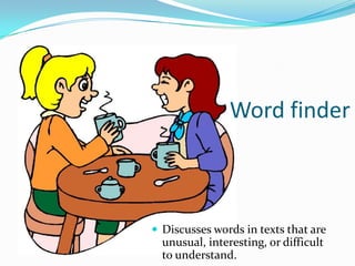 Word finder

 Discusses words in texts that are

unusual, interesting, or difficult
to understand.

 