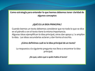 Como estrategia para entender lo que leemos debemos tener claridad de
algunos conceptos
¿QUÉ ES LA IDEA PRINCIPAL?
Cuando leemos un texto debemos considerar que no todo lo que se dice
en el párrafo o en el texto tiene la misma importancia.
Algunas ideas ejemplifican la idea principal, otras dan apoyo y / o amplían
la idea. Las ideas secundarias aclaran y dan forma al escrito.
¿Cómo definimos cuál es la idea principal de un texto?
La respuesta a la siguiente pregunta nos lleva a encontrar la idea
principal.
¿De qué, sobre qué o quién habla el texto?