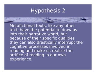 Metafictional The experience of reading, reading cognition and metafiction | PDF