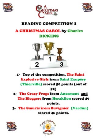 READING COMPETITION 1
 A CHRISTMAS CAROL by Charles
          DICKENS




  1- Top of the competition, The Saint
    Explosive Girls from Saint Exupéry
    (Thierville) scored 50 points (out of
                     52)
2- The Crazy Frogs from Ancemont and
   The Bloggers from Heraklion scored 49
                   points.
3- The Smurfs from Buvignier (Verdun)
              scored 46 points.
 