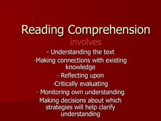 Reading Comprehension  involves ,[object Object],[object Object],[object Object],[object Object],[object Object],[object Object]
