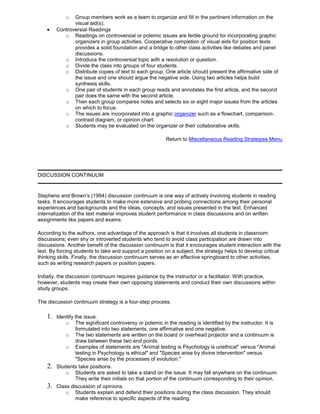 o Group members work as a team to organize and fill in the pertinent information on the
visual aid(s).
Controversial Readings
o Readings on controversial or polemic issues are fertile ground for incorporating graphic
organizers in group activities. Cooperative completion of visual aids for position texts
provides a solid foundation and a bridge to other class activities like debates and panel
discussions.
o Introduce the controversial topic with a resolution or question.
o Divide the class into groups of four students.
o Distribute copies of text to each group. One article should present the affirmative side of
the issue and one should argue the negative side. Using two articles helps build
synthesis skills.
o One pair of students in each group reads and annotates the first article, and the second
pair does the same with the second article.
o Then each group compares notes and selects six or eight major issues from the articles
on which to focus.
o The issues are incorporated into a graphic organizer such as a flowchart, comparison-
contrast diagram, or opinion chart.
o Students may be evaluated on the organizer or their collaborative skills.
Return to Miscellaneous Reading Strategies Menu
DISCUSSION CONTINUUM
Stephens and Brown's (1994) discussion continuum is one way of actively involving students in reading
tasks. It encourages students to make more extensive and probing connections among their personal
experiences and backgrounds and the ideas, concepts, and issues presented in the text. Enhanced
internalization of the text material improves student performance in class discussions and on written
assignments like papers and exams.
According to the authors, one advantage of the approach is that it involves all students in classroom
discussions; even shy or introverted students who tend to avoid class participation are drawn into
discussions. Another benefit of the discussion continuum is that it encourages student interaction with the
text. By forcing students to take and support a position on a subject, the strategy helps to develop critical
thinking skills. Finally, the discussion continuum serves as an effective springboard to other activities,
such as writing research papers or position papers.
Initially, the discussion continuum requires guidance by the instructor or a facilitator. With practice,
however, students may create their own opposing statements and conduct their own discussions within
study groups.
The discussion continuum strategy is a four-step process.
1. Identify the issue.
o The significant controversy or polemic in the reading is identified by the instructor. It is
formulated into two statements, one affirmative and one negative.
o The two statements are written on the board or overhead projector and a continuum is
draw between these two end points.
o Examples of statements are "Animal testing is Psychology is unethical" versus "Animal
testing in Psychology is ethical" and "Species arise by divine intervention" versus
"Species arise by the processes of evolution."
2. Students take positions.
o Students are asked to take a stand on the issue. It may fall anywhere on the continuum.
They write their initials on that portion of the continuum corresponding to their opinion.
3. Class discussion of opinions.
o Students explain and defend their positions during the class discussion. They should
make reference to specific aspects of the reading.
 