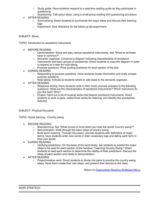 o Study guide: Have students respond to a selective reading guide as they participate in
questioning.
o Questioning: Talk about ideas, using a small group reading and questioning procedure.
AFTER READING
o Summarizing: Direct students to summarize the major ideas and discuss their learning
logs.
o Experiment: Give directions for the follow-up lab experiment.
SUBJECT: Music
TOPIC: Introduction to woodwind instruments
BEFORE READING
o Demonstration: Show and play various woodwind instruments. Ask "What do all these
have in common?"
o Semantic organizer: Construct a diagram indicating characteristics of woodwind
instruments and basic groups of woodwinds. Direct students to copy the diagram in order
to expand on it later for note taking.
o Purpose questions: Pose guiding questions for each section of the text.
DURING READING
o Responding to purpose questions: Have students locate information and orally answer
purpose questions.
o Note taking: Indicate to students where to add ideas to the semantic organizer.
AFTER READING
o Response writing: Have students write in their music journals answers to the following
questions: What are the characteristics of woodwind instruments? Which instrument do
you like best? Why?
o Project: Hand out a list of musical works that feature woodwind instruments. Direct
students to work in pairs, select three works for listening, and identify the woodwinds
featured.
SUBJECT: Physical Education
TOPIC: Social dancing - Country swing
BEFORE READING
o Brainstorming: Ask "What comes to mind when you hear the words 'country swing'?"
o Demonstration: Walk through the basic steps of country swing.
o Build word meaning: Through discussion, provide students with definitions of major
terms; have students enter new words in their vocabulary logs and define each term in
their own words.
DURING READING
o Verifying predictions: On the basis of the word study, ask students to predict the major
ideas to be read for each section of the handout, "Learning Country Swing." Direct
students to read each section to determine the validity of their predictions. Discuss the
ideas of each section and relate to demonstration.
AFTER READING
o Project/creative work: Direct students to divide into pairs to practice the country swing
steps. Have them create their own steps, and present their dances to the class.
Return to Organization Reading Strategies Menu
SQ3R STRATEGY
 