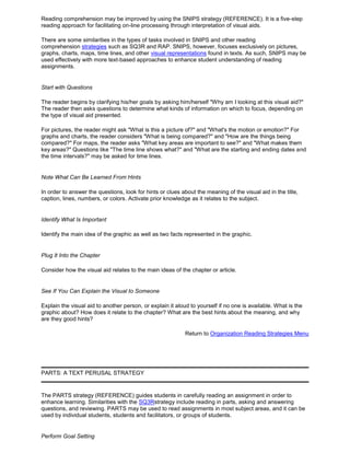 Reading comprehension may be improved by using the SNIPS strategy (REFERENCE). It is a five-step
reading approach for facilitating on-line processing through interpretation of visual aids.
There are some similarities in the types of tasks involved in SNIPS and other reading
comprehension strategies such as SQ3R and RAP. SNIPS, however, focuses exclusively on pictures,
graphs, charts, maps, time lines, and other visual representations found in texts. As such, SNIPS may be
used effectively with more text-based approaches to enhance student understanding of reading
assignments.
Start with Questions
The reader begins by clarifying his/her goals by asking him/herself "Why am I looking at this visual aid?"
The reader then asks questions to determine what kinds of information on which to focus, depending on
the type of visual aid presented.
For pictures, the reader might ask "What is this a picture of?" and "What's the motion or emotion?" For
graphs and charts, the reader considers "What is being compared?" and "How are the things being
compared?" For maps, the reader asks "What key areas are important to see?" and "What makes them
key areas?" Questions like "The time line shows what?" and "What are the starting and ending dates and
the time intervals?" may be asked for time lines.
Note What Can Be Learned From Hints
In order to answer the questions, look for hints or clues about the meaning of the visual aid in the title,
caption, lines, numbers, or colors. Activate prior knowledge as it relates to the subject.
Identify What Is Important
Identify the main idea of the graphic as well as two facts represented in the graphic.
Plug It Into the Chapter
Consider how the visual aid relates to the main ideas of the chapter or article.
See If You Can Explain the Visual to Someone
Explain the visual aid to another person, or explain it aloud to yourself if no one is available. What is the
graphic about? How does it relate to the chapter? What are the best hints about the meaning, and why
are they good hints?
Return to Organization Reading Strategies Menu
PARTS: A TEXT PERUSAL STRATEGY
The PARTS strategy (REFERENCE) guides students in carefully reading an assignment in order to
enhance learning. Similarities with the SQ3Rstrategy include reading in parts, asking and answering
questions, and reviewing. PARTS may be used to read assignments in most subject areas, and it can be
used by individual students, students and facilitators, or groups of students.
Perform Goal Setting
 