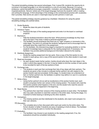 The paired storytelling strategy has several advantages. First, it gives ESL students the opportunity to
converse in the target language in an informal setting on a one-on-one basis. Because it is a group
endeavour, paired storytelling encourages cooperation, motivation, and confidence. Self-esteem often is
impacted positively. Second, verbal use of the target language improves the students' skills in reading
and writing the language. A third advantage of the strategy is the contextualized practice with vocabulary
that it provides. New words are used in meaningful ways by both partners in each pair.
The paired storytelling strategy requires guidance by a facilitator. Directions for using the paired
storytelling strategy are outlined below.
1. Divide Students.
o Break the class into pairs of students.
2. Introduce Topics.
o Introduce the topic of the reading assignment and write it on the board or overhead
projector.
3. Brainstorm.
o Help the students brainstorm about the topic. What previous knowledge do they have
about the topic? How does it relate to personal experiences?
o The facilitator should emphasize that there are no "right" answers or comments in this
initial stage. The point is to activate the students' background and to encourage them to
anticipate what they might find in the assignment.
o For the facilitator, the brainstorming stage is important for evaluating whether or not the
students' knowledge base is adequate for the reading assignment. If necessary, the
facilitator may provide additional background information relevant to the reading.
4. Distribute Assignment.
o Divide the reading assignment into two parts. Give a copy of the first section to one
student in each group, and a copy of the second section to the other student in each pair.
5. Read and Annotate.
o As each student reads his/her section, he/she should write down the main ideas in the
order in which they appear in the text. It may be helpful to limit the number of main points
to be recorded for each of the two sections of text.
6. Exchange Lists.
o The students in each pair then exchange their lists of key ideas with their partners. The
students are given a few minutes to evaluate his/her partner's list with respect to the
section he/she read and annotated. At this stage, if a student does not understand an
item on his/her partner's list, the facilitator or partner may define it or use it in a sentence
in the target language.
7. Write a Story.
o Using his/her partner's list as well as recollections of the section he/she read, each
student composes his/her own version of the missing section. The student who read the
first section predicts what happens in the end, and the student who read the second
section predicts what happened in the beginning.
8. Read Stories.
o The partners then read their versions of the missing sections to each other. The facilitator
also may seek volunteers to read their versions to the entire class. During this stage, it is
important to forbid teasing or deriding by the other students.
9. Comparison.
o The missing sections are then distributed to the students, who read it and compare it to
their own versions.
10.Discussion.
o The complete story is then discussed within each pair and/or by the entire class. The
former situation is better if students are wary of speaking in front of others. The facilitator
may move among the pairs to monitor the discussion.
11.Evaluation.
o The facilitator may choose to quiz students on the reading assignment. If so, the
evaluations should be completed individually.
 