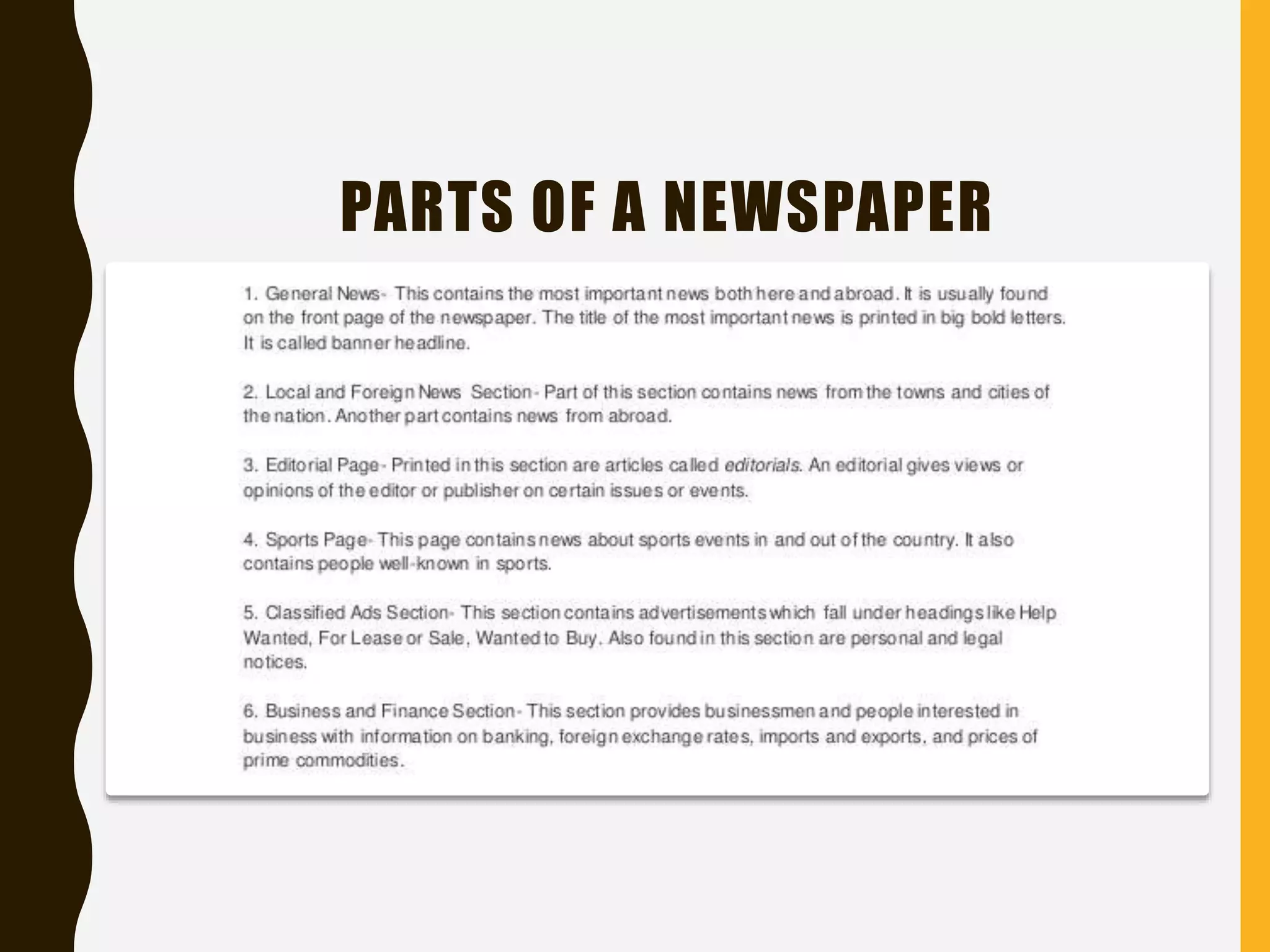 PARTS OF A NEWSPAPER
 