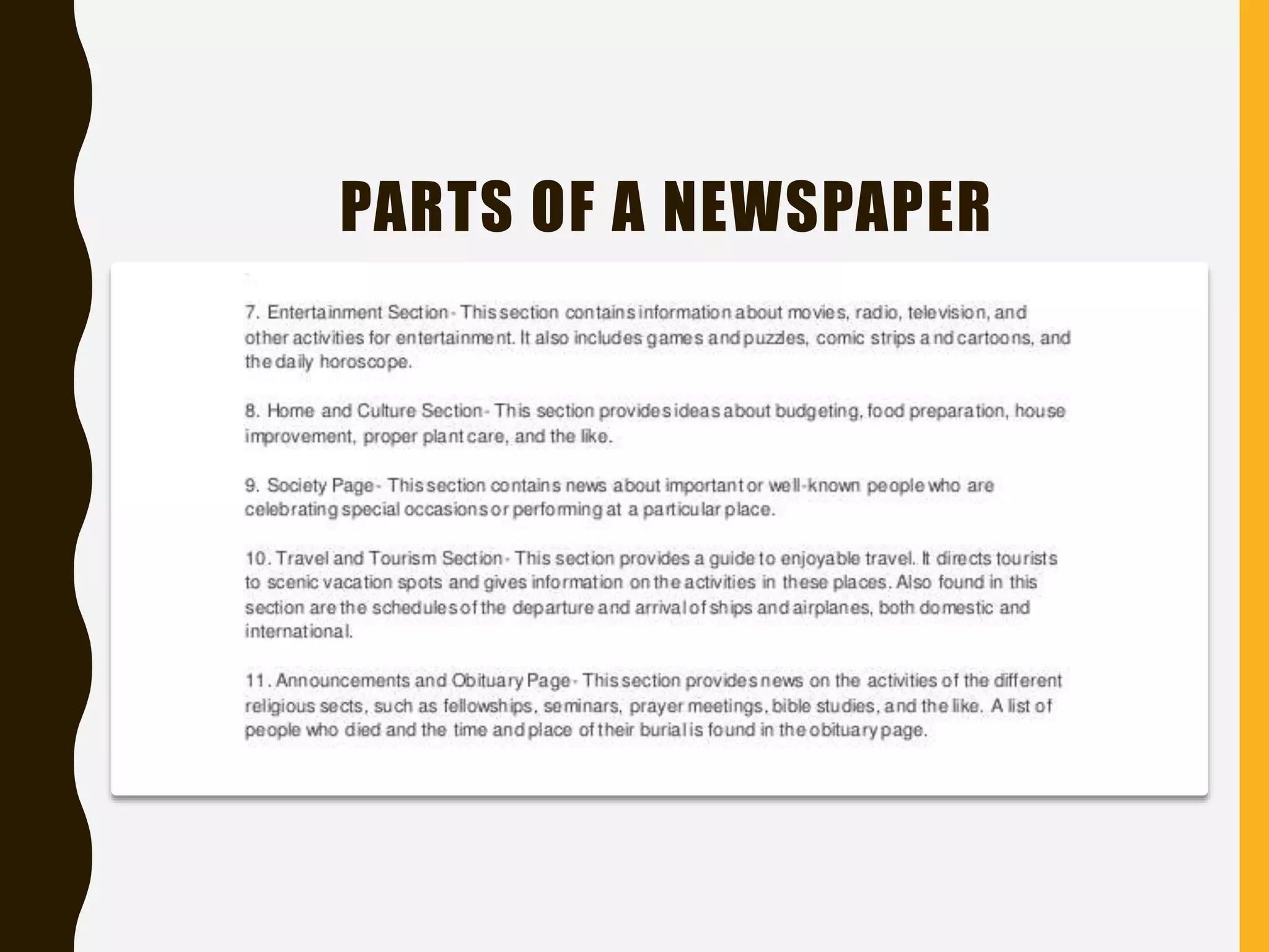 PARTS OF A NEWSPAPER
 