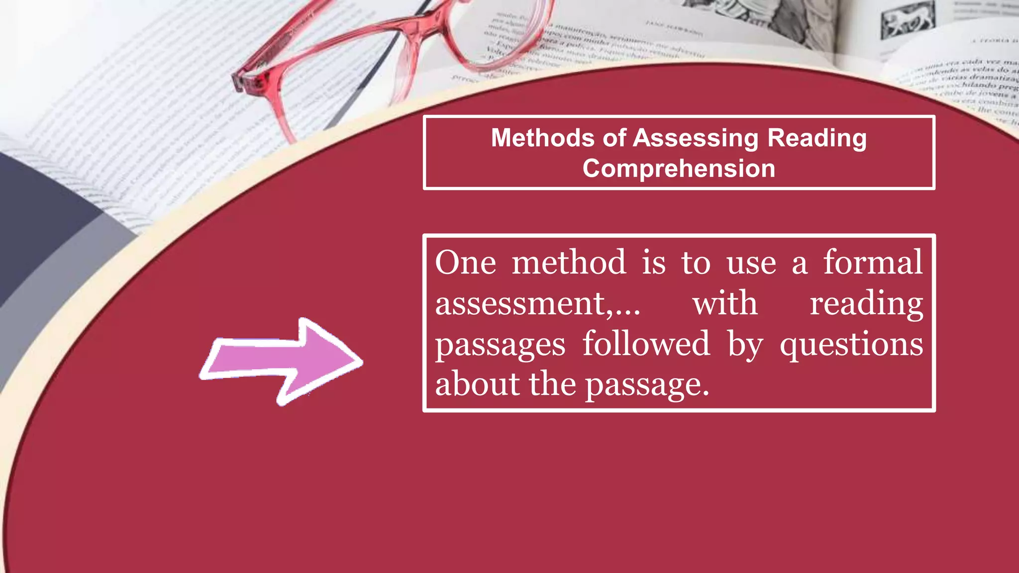 Methods of Assessing Reading
Comprehension
One method is to use a formal
assessment,… with reading
passages followed by questions
about the passage.
 