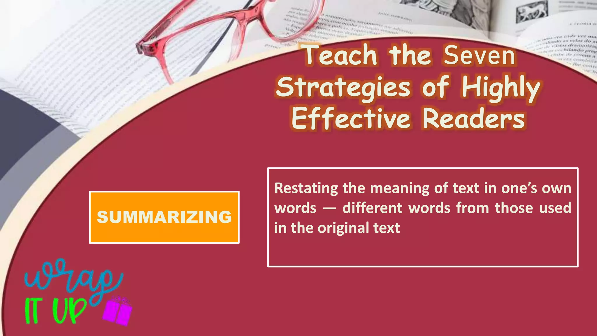 Teach the Seven
Strategies of Highly
Effective Readers
Restating the meaning of text in one’s own
words — different words from those used
in the original text
SUMMARIZING
 