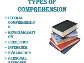 Types of
Comprehension
 Literal
Comprehensio
n
 Reorganizati
on
 Prediction
 Inference
 Evaluation
 Personal
 