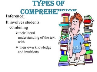 Types of
ComprehensionInference:
It involves students
combining
their literal
understanding of the text
with
 their own knowledge
and intuitions
 