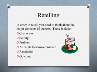 Retelling
In order to retell, you need to think about the
major elements of the text. These include:
O Characters
O Setting
O Problem
O Attempts to resolve problem
O Resolution
O Outcome
 