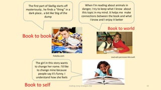 The first part of Skellig starts off
mysteriously.. he finds a “thing” in a
dark place.. a bit like Stig of the
dump
When I’m reading about animals in
danger, I try to keep what I know about
this topic in my mind .It helps me make
connections between the book and what
I know and I enjoy it better
Book to world
10
Used with permission Microsoft
Book to book
The girl in this story wants
to change her name. I’d like
to change mine because
people say it’s funny. I
understand how she feels
Book to self
Fotolia.com
reading comp strategies KS2
 