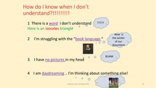 How do I know when I don’t
understand?!!!!!!!!!
1 There is a word I don’t understand
Here is an isoceles triangle
2 I'm struggling with the “book language “
3 I have no pictures in my head
4 I am daydreaming .. I’m thinking about something else!
?????
Now is
the winter
of our
discontent
BLANK
19reading comp strategies KS2
 