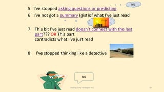 5 I’ve stopped asking questions or predicting
6 I've not got a summary (gist)of what I've just read
7 This bit I've just read doesn’t connect with the last
part??? OR This part
contradicts what I've just read
8 I’ve stopped thinking like a detective
NIL
NIL
20reading comp strategies KS2
 