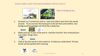 Good readers spot meaning breakdown and try to fix it
1. Go back 2 or 3 sentences and re- read and collect clues from the words
around. Try to connect the hard part to the bit that came before. Use
background knowledge and think like a detective.
2. Make pictures in your mind and re- read the hard bit. Your mind pictures
may make things clear.
3. Look at the key words in the sentence to help you understand. The key
words will be packed with meaning.
23
Here’s 4 things to try…
Inf Train Folder part 3
 