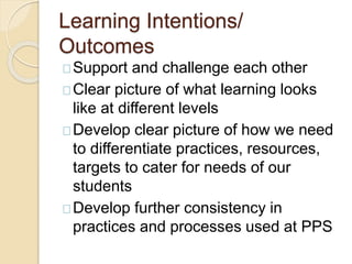 Learning Intentions/
Outcomes
Support and challenge each other
Clear picture of what learning looks
like at different levels
Develop clear picture of how we need
to differentiate practices, resources,
targets to cater for needs of our
students
Develop further consistency in
practices and processes used at PPS
 
