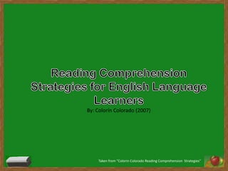 Reading Comprehension Strategies for English Language Learners By: Colorín Colorado (2007) Taken from "Colorin Colorado Reading Comprehension  Strategies" 