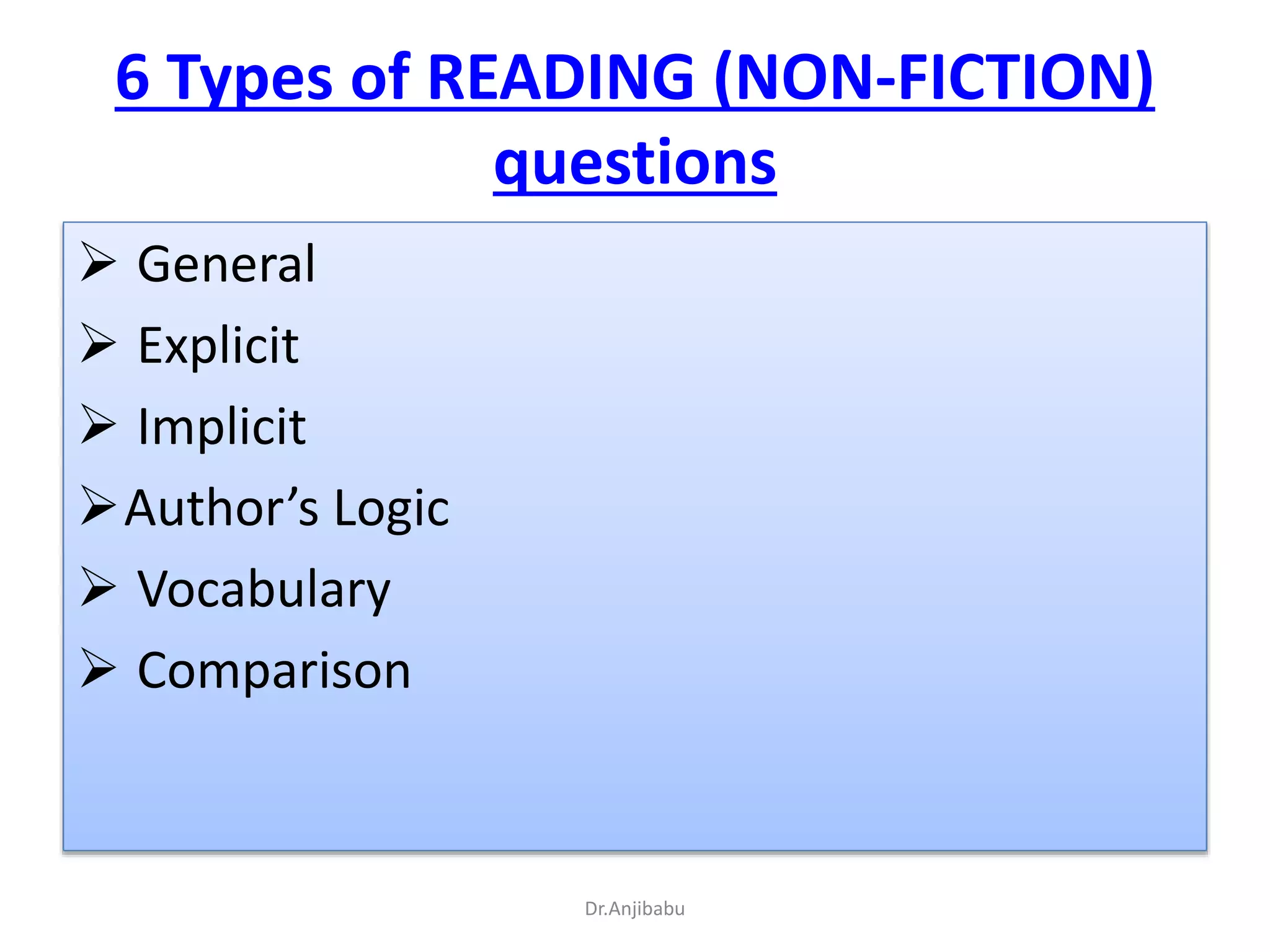 6 Types of READING (NON-FICTION)
questions
 General
 Explicit
 Implicit
Author’s Logic
 Vocabulary
 Comparison
Dr.Anjibabu
 