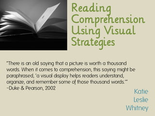 Reading
                             Comprehension
                             Using Visual
                             Strategies

‚There is an old saying that a picture is worth a thousand
words. When it comes to comprehension, this saying might be
paraphrased, ‘a visual display helps readers understand,
organize, and remember some of those thousand words.’‛
~Duke & Pearson, 2002
                                                        Katie
                                                        Leslie
                                                      Whitney
 