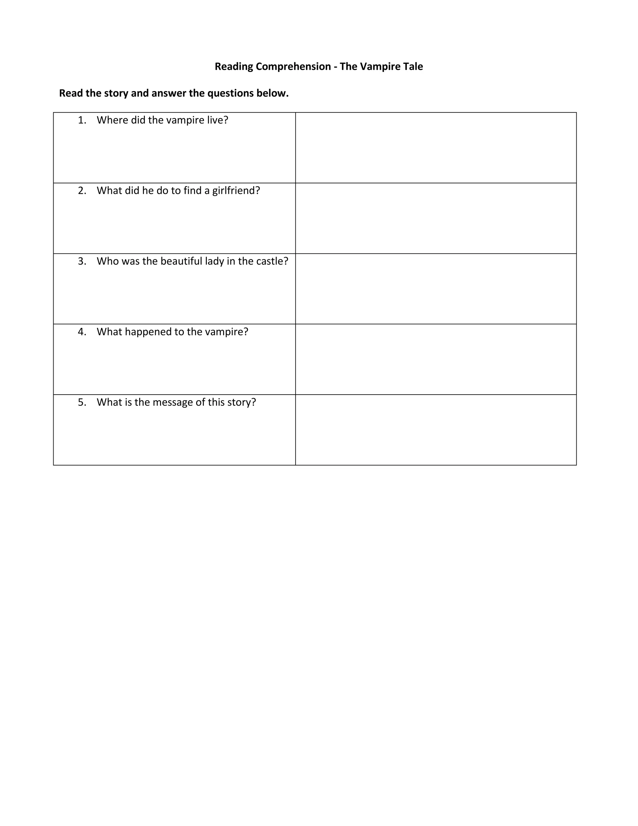 Reading Comprehension - The Vampire Tale
Read the story and answer the questions below.
1. Where did the vampire live?
2. What did he do to find a girlfriend?
3. Who was the beautiful lady in the castle?
4. What happened to the vampire?
5. What is the message of this story?