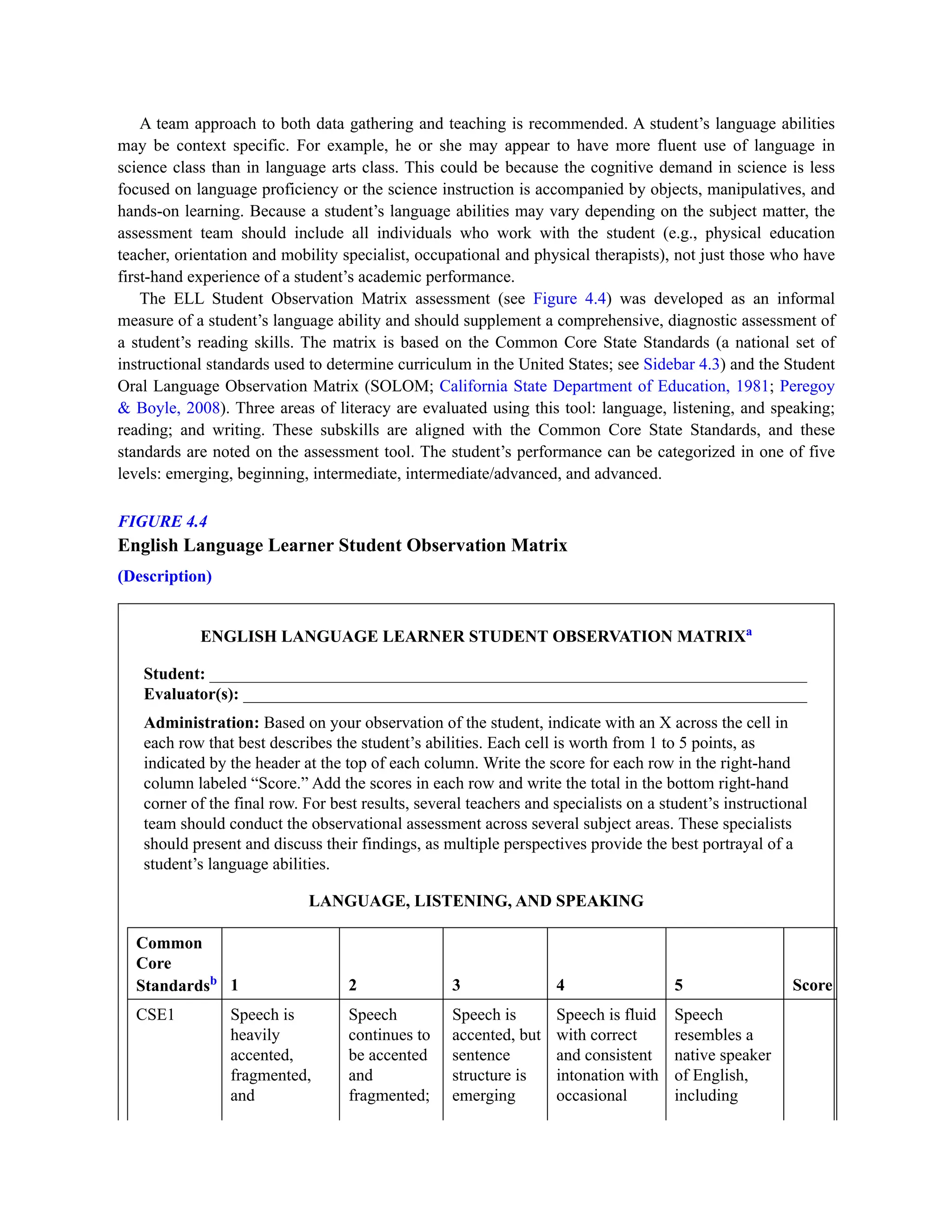 A team approach to both data gathering and teaching is recommended. A student’s language abilities
may be context specific. For example, he or she may appear to have more fluent use of language in
science class than in language arts class. This could be because the cognitive demand in science is less
focused on language proficiency or the science instruction is accompanied by objects, manipulatives, and
hands-on learning. Because a student’s language abilities may vary depending on the subject matter, the
assessment team should include all individuals who work with the student (e.g., physical education
teacher, orientation and mobility specialist, occupational and physical therapists), not just those who have
first-hand experience of a student’s academic performance.
The ELL Student Observation Matrix assessment (see Figure 4.4) was developed as an informal
measure of a student’s language ability and should supplement a comprehensive, diagnostic assessment of
a student’s reading skills. The matrix is based on the Common Core State Standards (a national set of
instructional standards used to determine curriculum in the United States; see Sidebar 4.3) and the Student
Oral Language Observation Matrix (SOLOM; California State Department of Education, 1981; Peregoy
& Boyle, 2008). Three areas of literacy are evaluated using this tool: language, listening, and speaking;
reading; and writing. These subskills are aligned with the Common Core State Standards, and these
standards are noted on the assessment tool. The student’s performance can be categorized in one of five
levels: emerging, beginning, intermediate, intermediate/advanced, and advanced.
FIGURE 4.4
English Language Learner Student Observation Matrix
(Description)
ENGLISH LANGUAGE LEARNER STUDENT OBSERVATION MATRIXa
Student: _______________________________________________________________________
Evaluator(s): ___________________________________________________________________
Administration: Based on your observation of the student, indicate with an X across the cell in
each row that best describes the student’s abilities. Each cell is worth from 1 to 5 points, as
indicated by the header at the top of each column. Write the score for each row in the right-hand
column labeled “Score.” Add the scores in each row and write the total in the bottom right-hand
corner of the final row. For best results, several teachers and specialists on a student’s instructional
team should conduct the observational assessment across several subject areas. These specialists
should present and discuss their findings, as multiple perspectives provide the best portrayal of a
student’s language abilities.
LANGUAGE, LISTENING, AND SPEAKING
Common
Core
Standardsb 1 2 3 4 5 Score
CSE1 Speech is
heavily
accented,
fragmented,
and
Speech
continues to
be accented
and
fragmented;
Speech is
accented, but
sentence
structure is
emerging
Speech is fluid
with correct
and consistent
intonation with
occasional
Speech
resembles a
native speaker
of English,
including
 