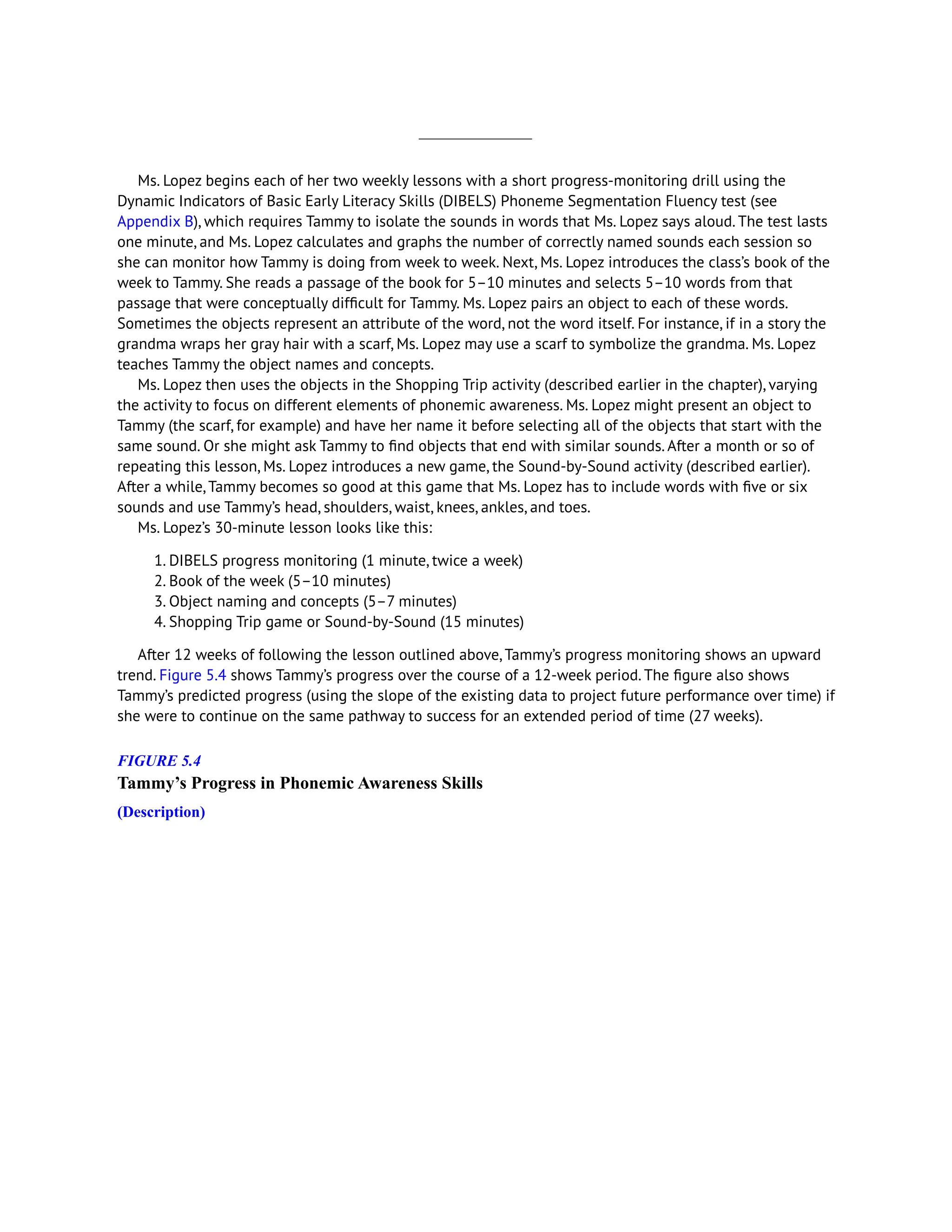 Ms. Lopez begins each of her two weekly lessons with a short progress-monitoring drill using the
Dynamic Indicators of Basic Early Literacy Skills (DIBELS) Phoneme Segmentation Fluency test (see
Appendix B), which requires Tammy to isolate the sounds in words that Ms. Lopez says aloud. The test lasts
one minute, and Ms. Lopez calculates and graphs the number of correctly named sounds each session so
she can monitor how Tammy is doing from week to week. Next, Ms. Lopez introduces the class’s book of the
week to Tammy. She reads a passage of the book for 5–10 minutes and selects 5–10 words from that
passage that were conceptually difficult for Tammy. Ms. Lopez pairs an object to each of these words.
Sometimes the objects represent an attribute of the word, not the word itself. For instance, if in a story the
grandma wraps her gray hair with a scarf, Ms. Lopez may use a scarf to symbolize the grandma. Ms. Lopez
teaches Tammy the object names and concepts.
Ms. Lopez then uses the objects in the Shopping Trip activity (described earlier in the chapter), varying
the activity to focus on different elements of phonemic awareness. Ms. Lopez might present an object to
Tammy (the scarf, for example) and have her name it before selecting all of the objects that start with the
same sound. Or she might ask Tammy to find objects that end with similar sounds. After a month or so of
repeating this lesson, Ms. Lopez introduces a new game, the Sound-by-Sound activity (described earlier).
After a while, Tammy becomes so good at this game that Ms. Lopez has to include words with five or six
sounds and use Tammy’s head, shoulders, waist, knees, ankles, and toes.
Ms. Lopez’s 30-minute lesson looks like this:
1. DIBELS progress monitoring (1 minute, twice a week)
2. Book of the week (5–10 minutes)
3. Object naming and concepts (5–7 minutes)
4. Shopping Trip game or Sound-by-Sound (15 minutes)
After 12 weeks of following the lesson outlined above, Tammy’s progress monitoring shows an upward
trend. Figure 5.4 shows Tammy’s progress over the course of a 12-week period. The figure also shows
Tammy’s predicted progress (using the slope of the existing data to project future performance over time) if
she were to continue on the same pathway to success for an extended period of time (27 weeks).
FIGURE 5.4
Tammy’s Progress in Phonemic Awareness Skills
(Description)
 