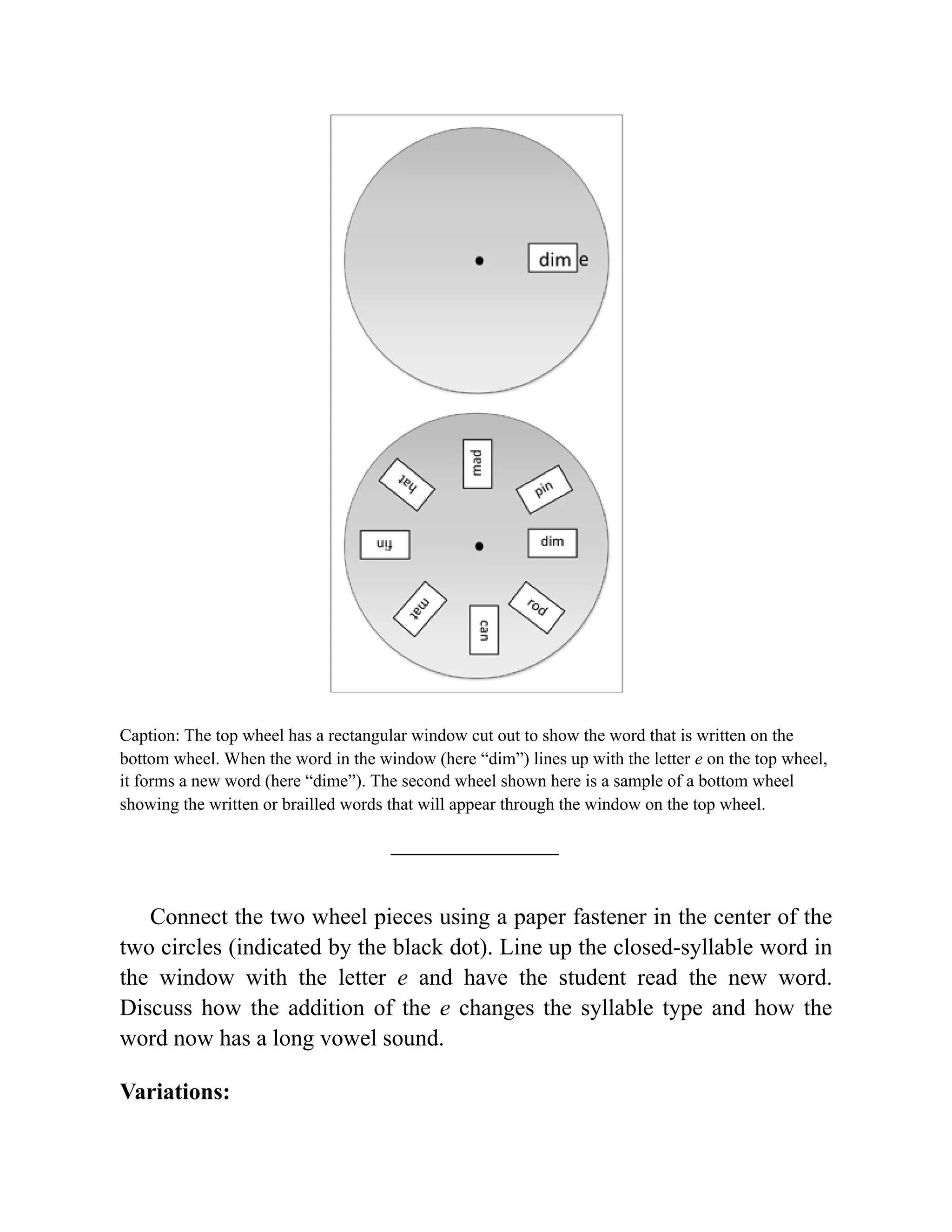 Caption: The top wheel has a rectangular window cut out to show the word that is written on the
bottom wheel. When the word in the window (here “dim”) lines up with the letter e on the top wheel,
it forms a new word (here “dime”). The second wheel shown here is a sample of a bottom wheel
showing the written or brailled words that will appear through the window on the top wheel.
Connect the two wheel pieces using a paper fastener in the center of the
two circles (indicated by the black dot). Line up the closed-syllable word in
the window with the letter e and have the student read the new word.
Discuss how the addition of the e changes the syllable type and how the
word now has a long vowel sound.
Variations:
 