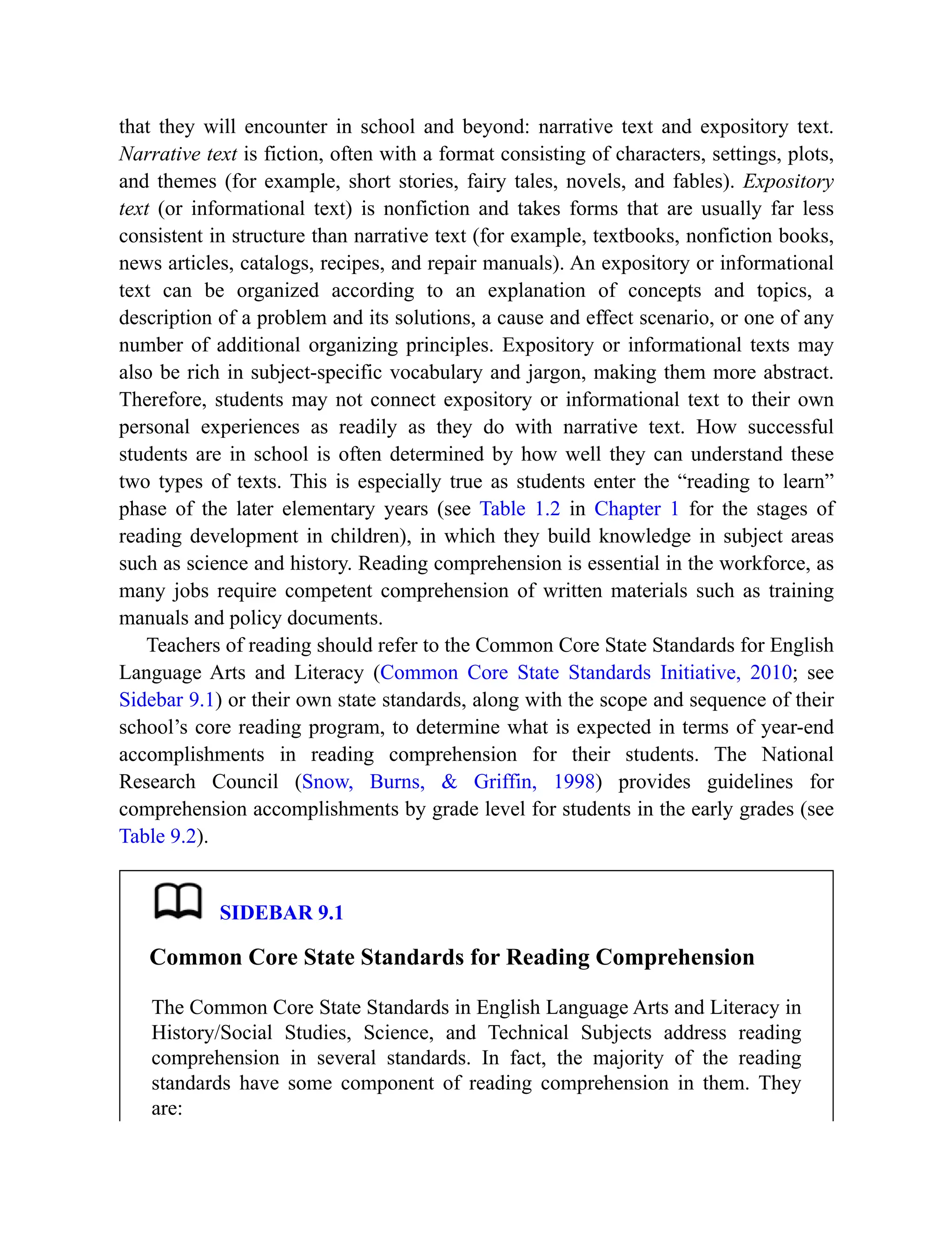 that they will encounter in school and beyond: narrative text and expository text.
Narrative text is fiction, often with a format consisting of characters, settings, plots,
and themes (for example, short stories, fairy tales, novels, and fables). Expository
text (or informational text) is nonfiction and takes forms that are usually far less
consistent in structure than narrative text (for example, textbooks, nonfiction books,
news articles, catalogs, recipes, and repair manuals). An expository or informational
text can be organized according to an explanation of concepts and topics, a
description of a problem and its solutions, a cause and effect scenario, or one of any
number of additional organizing principles. Expository or informational texts may
also be rich in subject-specific vocabulary and jargon, making them more abstract.
Therefore, students may not connect expository or informational text to their own
personal experiences as readily as they do with narrative text. How successful
students are in school is often determined by how well they can understand these
two types of texts. This is especially true as students enter the “reading to learn”
phase of the later elementary years (see Table 1.2 in Chapter 1 for the stages of
reading development in children), in which they build knowledge in subject areas
such as science and history. Reading comprehension is essential in the workforce, as
many jobs require competent comprehension of written materials such as training
manuals and policy documents.
Teachers of reading should refer to the Common Core State Standards for English
Language Arts and Literacy (Common Core State Standards Initiative, 2010; see
Sidebar 9.1) or their own state standards, along with the scope and sequence of their
school’s core reading program, to determine what is expected in terms of year-end
accomplishments in reading comprehension for their students. The National
Research Council (Snow, Burns, & Griffin, 1998) provides guidelines for
comprehension accomplishments by grade level for students in the early grades (see
Table 9.2).
SIDEBAR 9.1
Common Core State Standards for Reading Comprehension
The Common Core State Standards in English Language Arts and Literacy in
History/Social Studies, Science, and Technical Subjects address reading
comprehension in several standards. In fact, the majority of the reading
standards have some component of reading comprehension in them. They
are:
 