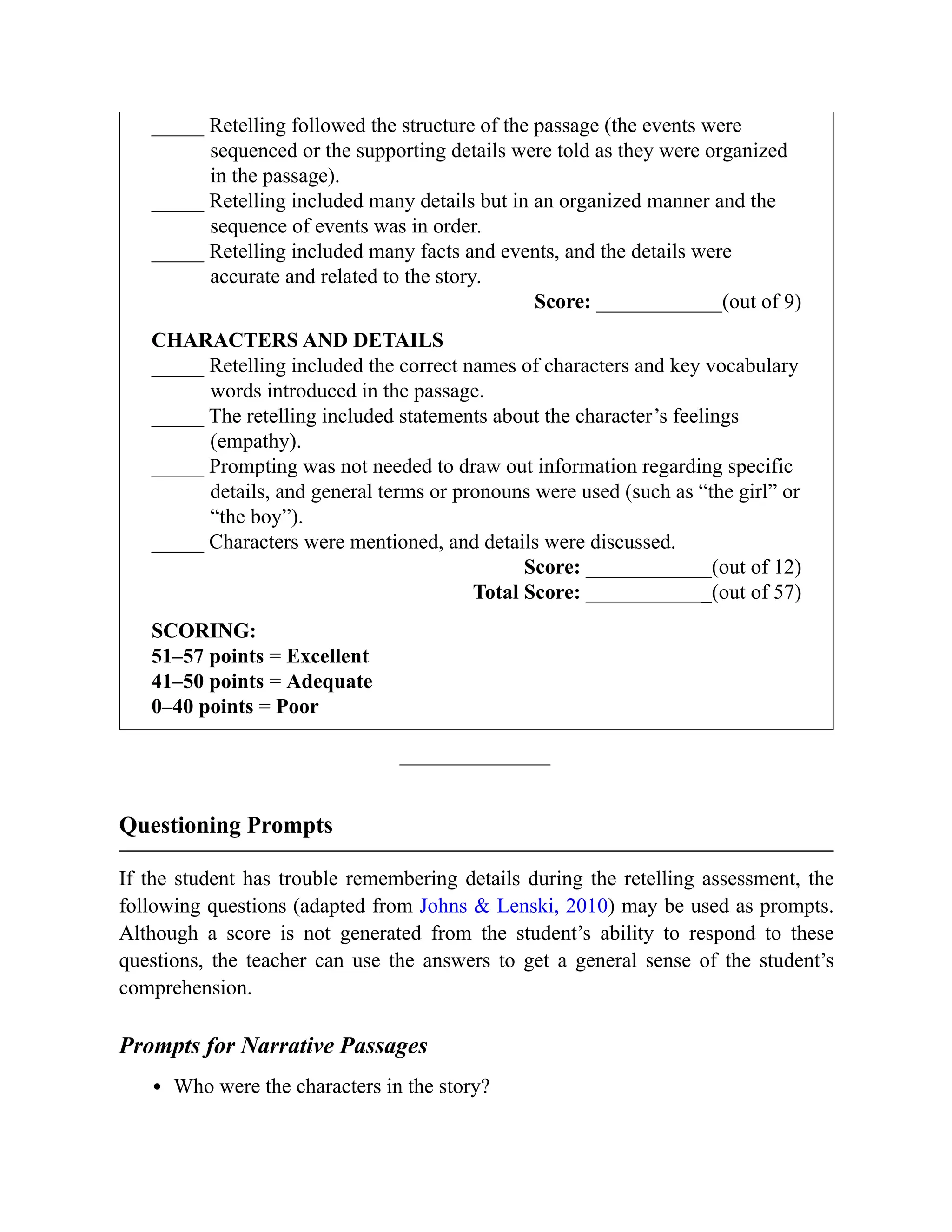 _____ Retelling followed the structure of the passage (the events were
sequenced or the supporting details were told as they were organized
in the passage).
_____ Retelling included many details but in an organized manner and the
sequence of events was in order.
_____ Retelling included many facts and events, and the details were
accurate and related to the story.
Score: ____________(out of 9)
CHARACTERS AND DETAILS
_____ Retelling included the correct names of characters and key vocabulary
words introduced in the passage.
_____ The retelling included statements about the character’s feelings
(empathy).
_____ Prompting was not needed to draw out information regarding specific
details, and general terms or pronouns were used (such as “the girl” or
“the boy”).
_____ Characters were mentioned, and details were discussed.
Score: ____________(out of 12)
Total Score: ____________(out of 57)
SCORING:
51–57 points = Excellent
41–50 points = Adequate
0–40 points = Poor
Questioning Prompts
If the student has trouble remembering details during the retelling assessment, the
following questions (adapted from Johns & Lenski, 2010) may be used as prompts.
Although a score is not generated from the student’s ability to respond to these
questions, the teacher can use the answers to get a general sense of the student’s
comprehension.
Prompts for Narrative Passages
Who were the characters in the story?
 