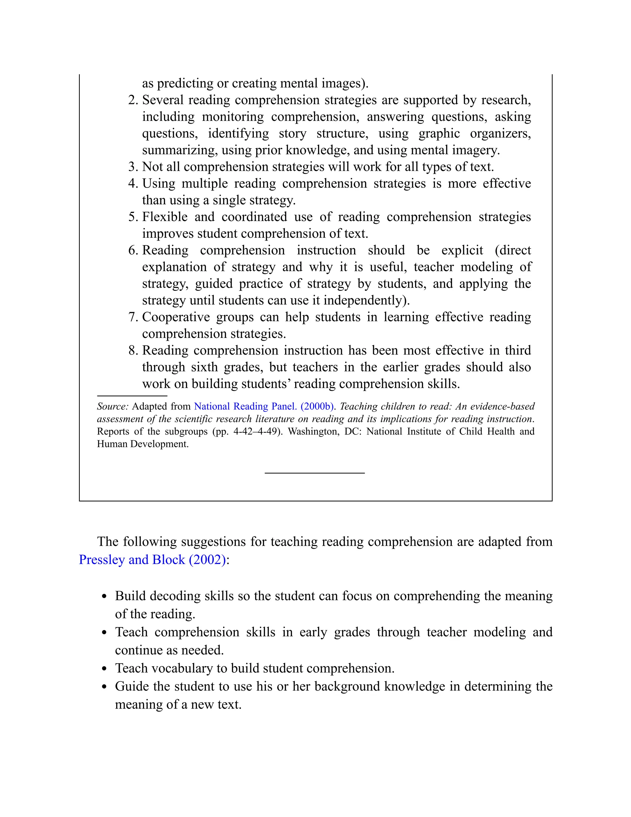 as predicting or creating mental images).
2. Several reading comprehension strategies are supported by research,
including monitoring comprehension, answering questions, asking
questions, identifying story structure, using graphic organizers,
summarizing, using prior knowledge, and using mental imagery.
3. Not all comprehension strategies will work for all types of text.
4. Using multiple reading comprehension strategies is more effective
than using a single strategy.
5. Flexible and coordinated use of reading comprehension strategies
improves student comprehension of text.
6. Reading comprehension instruction should be explicit (direct
explanation of strategy and why it is useful, teacher modeling of
strategy, guided practice of strategy by students, and applying the
strategy until students can use it independently).
7. Cooperative groups can help students in learning effective reading
comprehension strategies.
8. Reading comprehension instruction has been most effective in third
through sixth grades, but teachers in the earlier grades should also
work on building students’ reading comprehension skills.
Source: Adapted from National Reading Panel. (2000b). Teaching children to read: An evidence-based
assessment of the scientific research literature on reading and its implications for reading instruction.
Reports of the subgroups (pp. 4-42–4-49). Washington, DC: National Institute of Child Health and
Human Development.
The following suggestions for teaching reading comprehension are adapted from
Pressley and Block (2002):
Build decoding skills so the student can focus on comprehending the meaning
of the reading.
Teach comprehension skills in early grades through teacher modeling and
continue as needed.
Teach vocabulary to build student comprehension.
Guide the student to use his or her background knowledge in determining the
meaning of a new text.
 