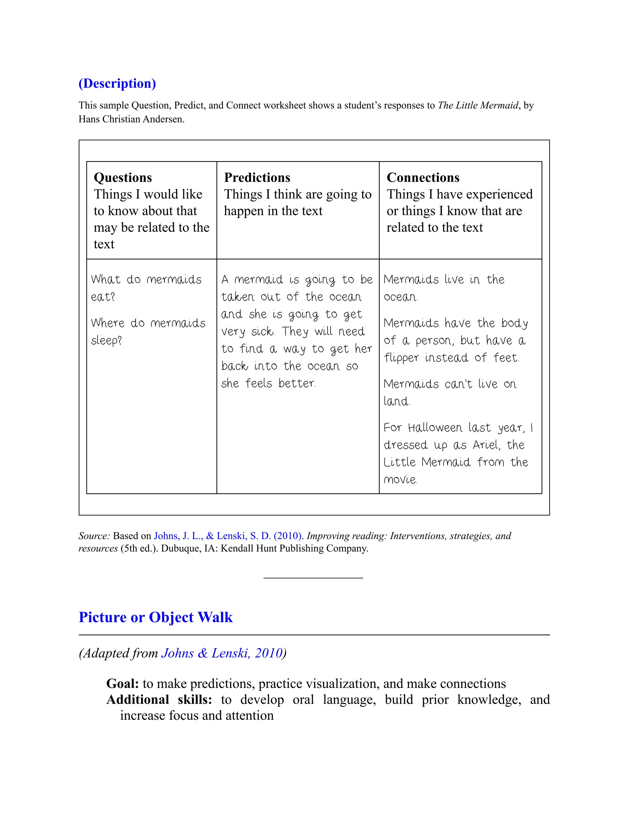 (Description)
This sample Question, Predict, and Connect worksheet shows a student’s responses to The Little Mermaid, by
Hans Christian Andersen.
Questions
Things I would like
to know about that
may be related to the
text
Predictions
Things I think are going to
happen in the text
Connections
Things I have experienced
or things I know that are
related to the text
What do mermaids
eat?
Where do mermaids
sleep?
A mermaid is going to be
taken out of the ocean
and she is going to get
very sick. They will need
to find a way to get her
back into the ocean so
she feels better.
Mermaids live in the
ocean.
Mermaids have the body
of a person, but have a
flipper instead of feet.
Mermaids can’t live on
land.
For Halloween last year, I
dressed up as Ariel, the
Little Mermaid from the
movie.
Source: Based on Johns, J. L., & Lenski, S. D. (2010). Improving reading: Interventions, strategies, and
resources (5th ed.). Dubuque, IA: Kendall Hunt Publishing Company.
Picture or Object Walk
(Adapted from Johns & Lenski, 2010)
Goal: to make predictions, practice visualization, and make connections
Additional skills: to develop oral language, build prior knowledge, and
increase focus and attention
 
