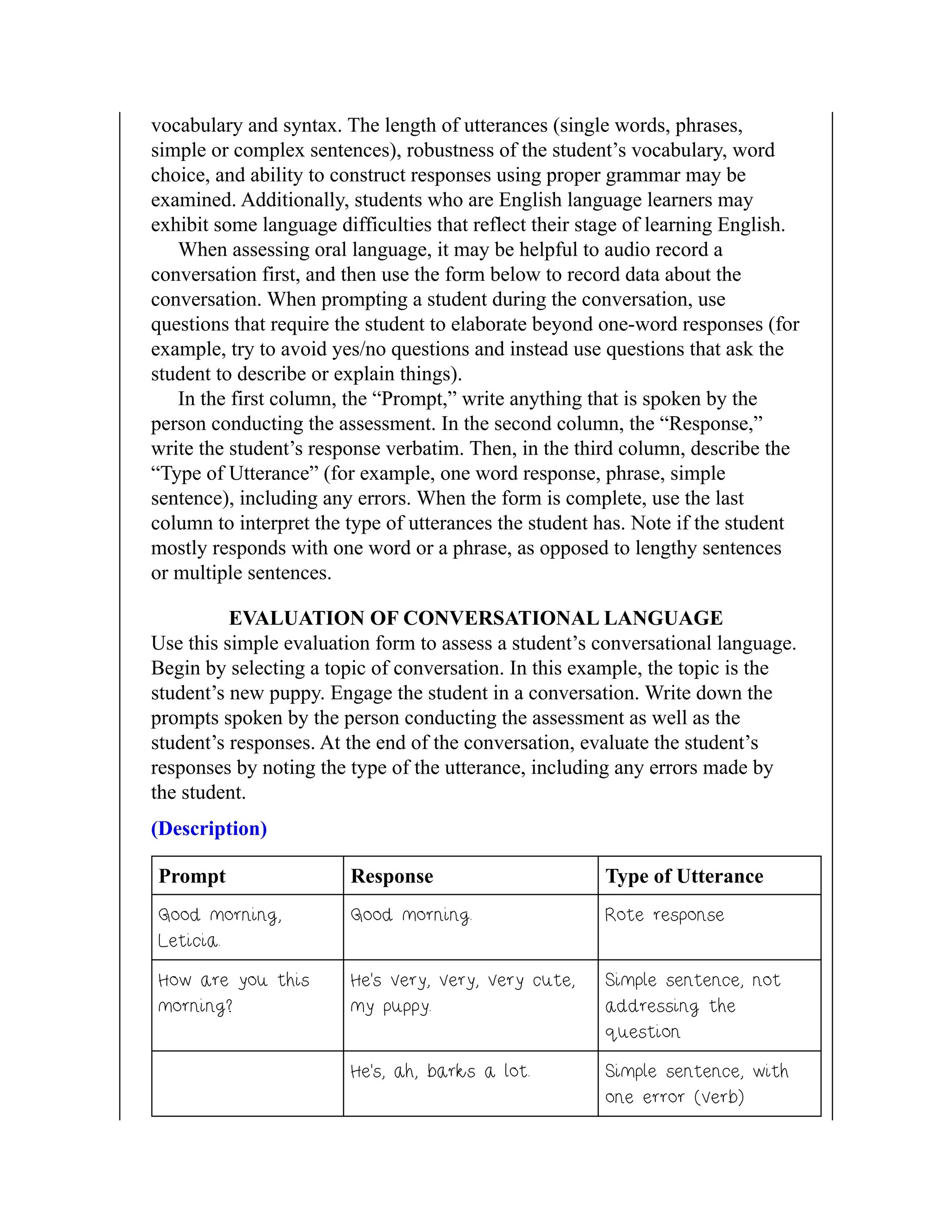 vocabulary and syntax. The length of utterances (single words, phrases,
simple or complex sentences), robustness of the student’s vocabulary, word
choice, and ability to construct responses using proper grammar may be
examined. Additionally, students who are English language learners may
exhibit some language difficulties that reflect their stage of learning English.
When assessing oral language, it may be helpful to audio record a
conversation first, and then use the form below to record data about the
conversation. When prompting a student during the conversation, use
questions that require the student to elaborate beyond one-word responses (for
example, try to avoid yes/no questions and instead use questions that ask the
student to describe or explain things).
In the first column, the “Prompt,” write anything that is spoken by the
person conducting the assessment. In the second column, the “Response,”
write the student’s response verbatim. Then, in the third column, describe the
“Type of Utterance” (for example, one word response, phrase, simple
sentence), including any errors. When the form is complete, use the last
column to interpret the type of utterances the student has. Note if the student
mostly responds with one word or a phrase, as opposed to lengthy sentences
or multiple sentences.
EVALUATION OF CONVERSATIONAL LANGUAGE
Use this simple evaluation form to assess a student’s conversational language.
Begin by selecting a topic of conversation. In this example, the topic is the
student’s new puppy. Engage the student in a conversation. Write down the
prompts spoken by the person conducting the assessment as well as the
student’s responses. At the end of the conversation, evaluate the student’s
responses by noting the type of the utterance, including any errors made by
the student.
(Description)
Prompt Response Type of Utterance
Good morning,
Leticia.
Good morning. Rote response
How are you this
morning?
He’s very, very, very cute,
my puppy.
Simple sentence, not
addressing the
question
He’s, ah, barks a lot. Simple sentence, with
one error (verb)
 