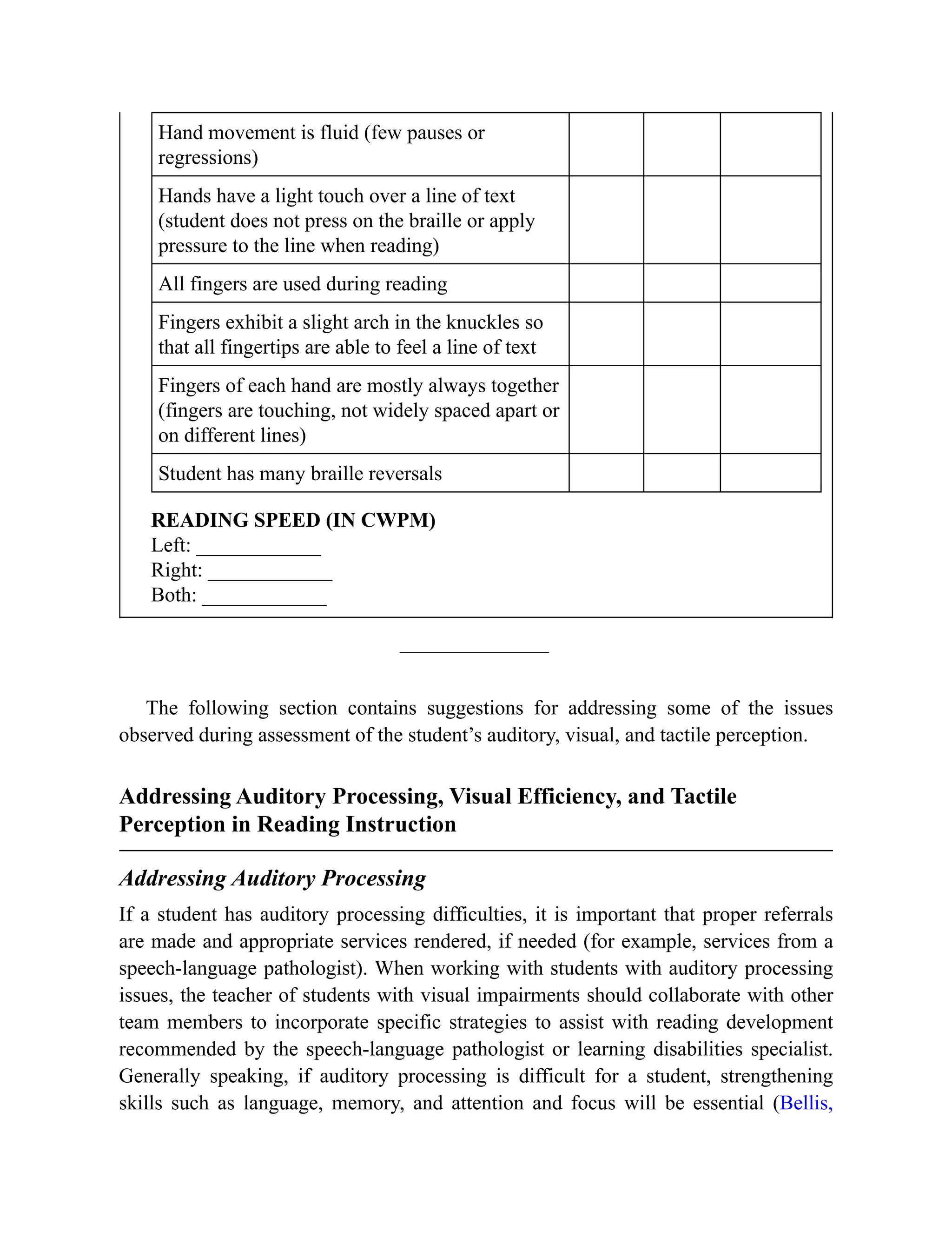 Hand movement is fluid (few pauses or
regressions)
Hands have a light touch over a line of text
(student does not press on the braille or apply
pressure to the line when reading)
All fingers are used during reading
Fingers exhibit a slight arch in the knuckles so
that all fingertips are able to feel a line of text
Fingers of each hand are mostly always together
(fingers are touching, not widely spaced apart or
on different lines)
Student has many braille reversals
READING SPEED (IN CWPM)
Left: ____________
Right: ____________
Both: ____________
The following section contains suggestions for addressing some of the issues
observed during assessment of the student’s auditory, visual, and tactile perception.
Addressing Auditory Processing, Visual Efficiency, and Tactile
Perception in Reading Instruction
Addressing Auditory Processing
If a student has auditory processing difficulties, it is important that proper referrals
are made and appropriate services rendered, if needed (for example, services from a
speech-language pathologist). When working with students with auditory processing
issues, the teacher of students with visual impairments should collaborate with other
team members to incorporate specific strategies to assist with reading development
recommended by the speech-language pathologist or learning disabilities specialist.
Generally speaking, if auditory processing is difficult for a student, strengthening
skills such as language, memory, and attention and focus will be essential (Bellis,
 