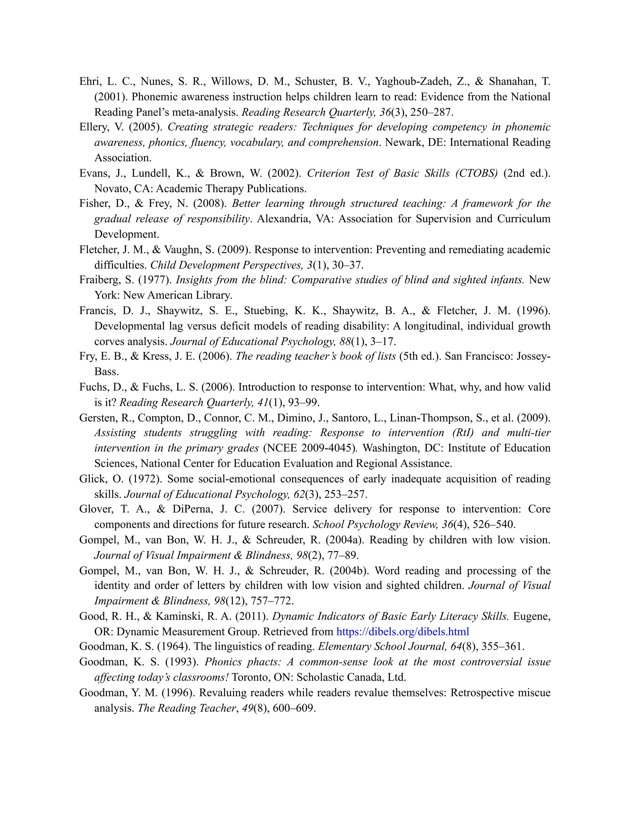 Ehri, L. C., Nunes, S. R., Willows, D. M., Schuster, B. V., Yaghoub-Zadeh, Z., & Shanahan, T.
(2001). Phonemic awareness instruction helps children learn to read: Evidence from the National
Reading Panel’s meta-analysis. Reading Research Quarterly, 36(3), 250–287.
Ellery, V. (2005). Creating strategic readers: Techniques for developing competency in phonemic
awareness, phonics, fluency, vocabulary, and comprehension. Newark, DE: International Reading
Association.
Evans, J., Lundell, K., & Brown, W. (2002). Criterion Test of Basic Skills (CTOBS) (2nd ed.).
Novato, CA: Academic Therapy Publications.
Fisher, D., & Frey, N. (2008). Better learning through structured teaching: A framework for the
gradual release of responsibility. Alexandria, VA: Association for Supervision and Curriculum
Development.
Fletcher, J. M., & Vaughn, S. (2009). Response to intervention: Preventing and remediating academic
difficulties. Child Development Perspectives, 3(1), 30–37.
Fraiberg, S. (1977). Insights from the blind: Comparative studies of blind and sighted infants. New
York: New American Library.
Francis, D. J., Shaywitz, S. E., Stuebing, K. K., Shaywitz, B. A., & Fletcher, J. M. (1996).
Developmental lag versus deficit models of reading disability: A longitudinal, individual growth
corves analysis. Journal of Educational Psychology, 88(1), 3–17.
Fry, E. B., & Kress, J. E. (2006). The reading teacher’s book of lists (5th ed.). San Francisco: Jossey-
Bass.
Fuchs, D., & Fuchs, L. S. (2006). Introduction to response to intervention: What, why, and how valid
is it? Reading Research Quarterly, 41(1), 93–99.
Gersten, R., Compton, D., Connor, C. M., Dimino, J., Santoro, L., Linan-Thompson, S., et al. (2009).
Assisting students struggling with reading: Response to intervention (RtI) and multi-tier
intervention in the primary grades (NCEE 2009-4045). Washington, DC: Institute of Education
Sciences, National Center for Education Evaluation and Regional Assistance.
Glick, O. (1972). Some social-emotional consequences of early inadequate acquisition of reading
skills. Journal of Educational Psychology, 62(3), 253–257.
Glover, T. A., & DiPerna, J. C. (2007). Service delivery for response to intervention: Core
components and directions for future research. School Psychology Review, 36(4), 526–540.
Gompel, M., van Bon, W. H. J., & Schreuder, R. (2004a). Reading by children with low vision.
Journal of Visual Impairment & Blindness, 98(2), 77–89.
Gompel, M., van Bon, W. H. J., & Schreuder, R. (2004b). Word reading and processing of the
identity and order of letters by children with low vision and sighted children. Journal of Visual
Impairment & Blindness, 98(12), 757–772.
Good, R. H., & Kaminski, R. A. (2011). Dynamic Indicators of Basic Early Literacy Skills. Eugene,
OR: Dynamic Measurement Group. Retrieved from https://dibels.org/dibels.html
Goodman, K. S. (1964). The linguistics of reading. Elementary School Journal, 64(8), 355–361.
Goodman, K. S. (1993). Phonics phacts: A common-sense look at the most controversial issue
affecting today’s classrooms! Toronto, ON: Scholastic Canada, Ltd.
Goodman, Y. M. (1996). Revaluing readers while readers revalue themselves: Retrospective miscue
analysis. The Reading Teacher, 49(8), 600–609.
 