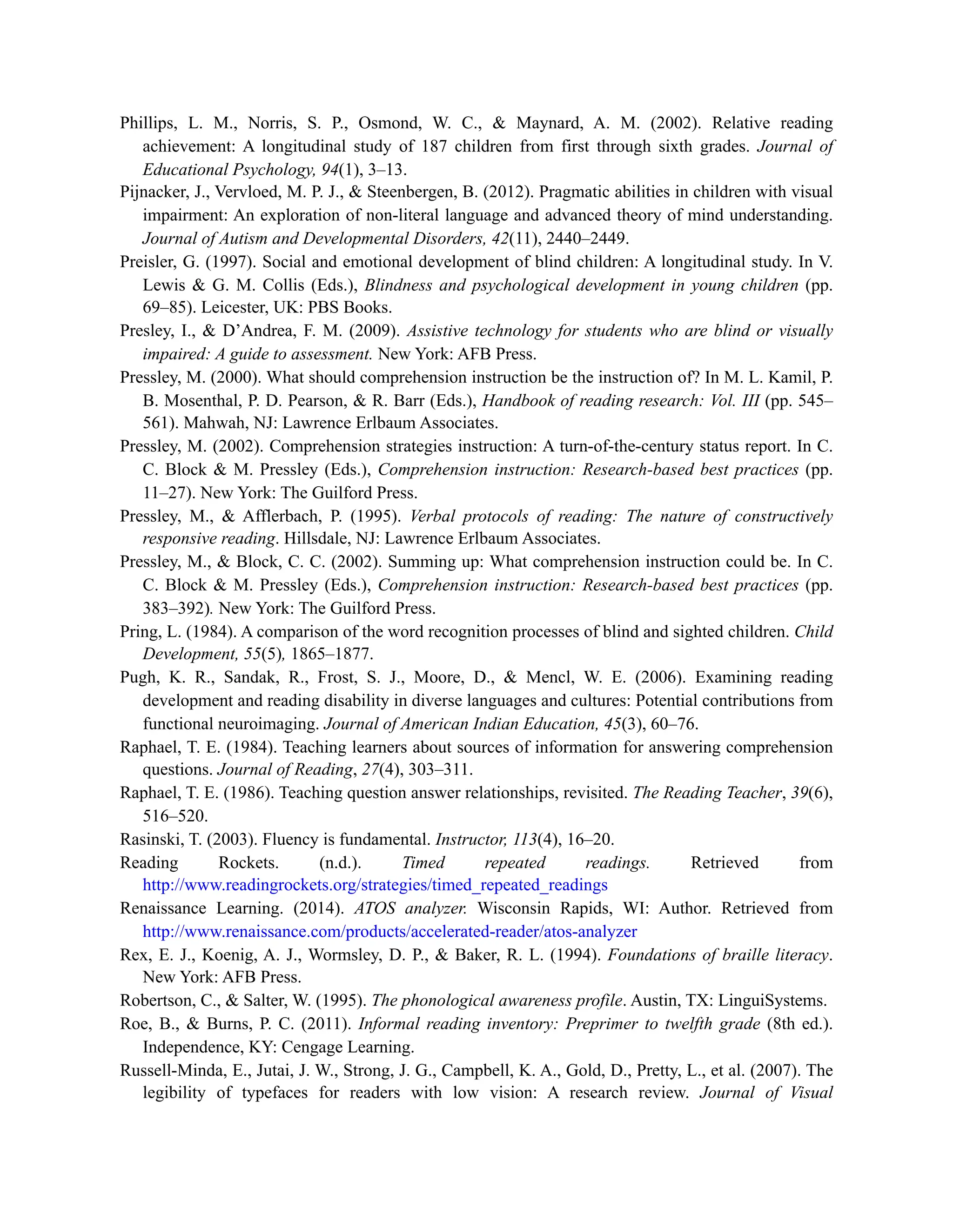 Phillips, L. M., Norris, S. P., Osmond, W. C., & Maynard, A. M. (2002). Relative reading
achievement: A longitudinal study of 187 children from first through sixth grades. Journal of
Educational Psychology, 94(1), 3–13.
Pijnacker, J., Vervloed, M. P. J., & Steenbergen, B. (2012). Pragmatic abilities in children with visual
impairment: An exploration of non-literal language and advanced theory of mind understanding.
Journal of Autism and Developmental Disorders, 42(11), 2440–2449.
Preisler, G. (1997). Social and emotional development of blind children: A longitudinal study. In V.
Lewis & G. M. Collis (Eds.), Blindness and psychological development in young children (pp.
69–85). Leicester, UK: PBS Books.
Presley, I., & D’Andrea, F. M. (2009). Assistive technology for students who are blind or visually
impaired: A guide to assessment. New York: AFB Press.
Pressley, M. (2000). What should comprehension instruction be the instruction of? In M. L. Kamil, P.
B. Mosenthal, P. D. Pearson, & R. Barr (Eds.), Handbook of reading research: Vol. III (pp. 545–
561). Mahwah, NJ: Lawrence Erlbaum Associates.
Pressley, M. (2002). Comprehension strategies instruction: A turn-of-the-century status report. In C.
C. Block & M. Pressley (Eds.), Comprehension instruction: Research-based best practices (pp.
11–27). New York: The Guilford Press.
Pressley, M., & Afflerbach, P. (1995). Verbal protocols of reading: The nature of constructively
responsive reading. Hillsdale, NJ: Lawrence Erlbaum Associates.
Pressley, M., & Block, C. C. (2002). Summing up: What comprehension instruction could be. In C.
C. Block & M. Pressley (Eds.), Comprehension instruction: Research-based best practices (pp.
383–392). New York: The Guilford Press.
Pring, L. (1984). A comparison of the word recognition processes of blind and sighted children. Child
Development, 55(5), 1865–1877.
Pugh, K. R., Sandak, R., Frost, S. J., Moore, D., & Mencl, W. E. (2006). Examining reading
development and reading disability in diverse languages and cultures: Potential contributions from
functional neuroimaging. Journal of American Indian Education, 45(3), 60–76.
Raphael, T. E. (1984). Teaching learners about sources of information for answering comprehension
questions. Journal of Reading, 27(4), 303–311.
Raphael, T. E. (1986). Teaching question answer relationships, revisited. The Reading Teacher, 39(6),
516–520.
Rasinski, T. (2003). Fluency is fundamental. Instructor, 113(4), 16–20.
Reading Rockets. (n.d.). Timed repeated readings. Retrieved from
http://www.readingrockets.org/strategies/timed_repeated_readings
Renaissance Learning. (2014). ATOS analyzer. Wisconsin Rapids, WI: Author. Retrieved from
http://www.renaissance.com/products/accelerated-reader/atos-analyzer
Rex, E. J., Koenig, A. J., Wormsley, D. P., & Baker, R. L. (1994). Foundations of braille literacy.
New York: AFB Press.
Robertson, C., & Salter, W. (1995). The phonological awareness profile. Austin, TX: LinguiSystems.
Roe, B., & Burns, P. C. (2011). Informal reading inventory: Preprimer to twelfth grade (8th ed.).
Independence, KY: Cengage Learning.
Russell-Minda, E., Jutai, J. W., Strong, J. G., Campbell, K. A., Gold, D., Pretty, L., et al. (2007). The
legibility of typefaces for readers with low vision: A research review. Journal of Visual
 