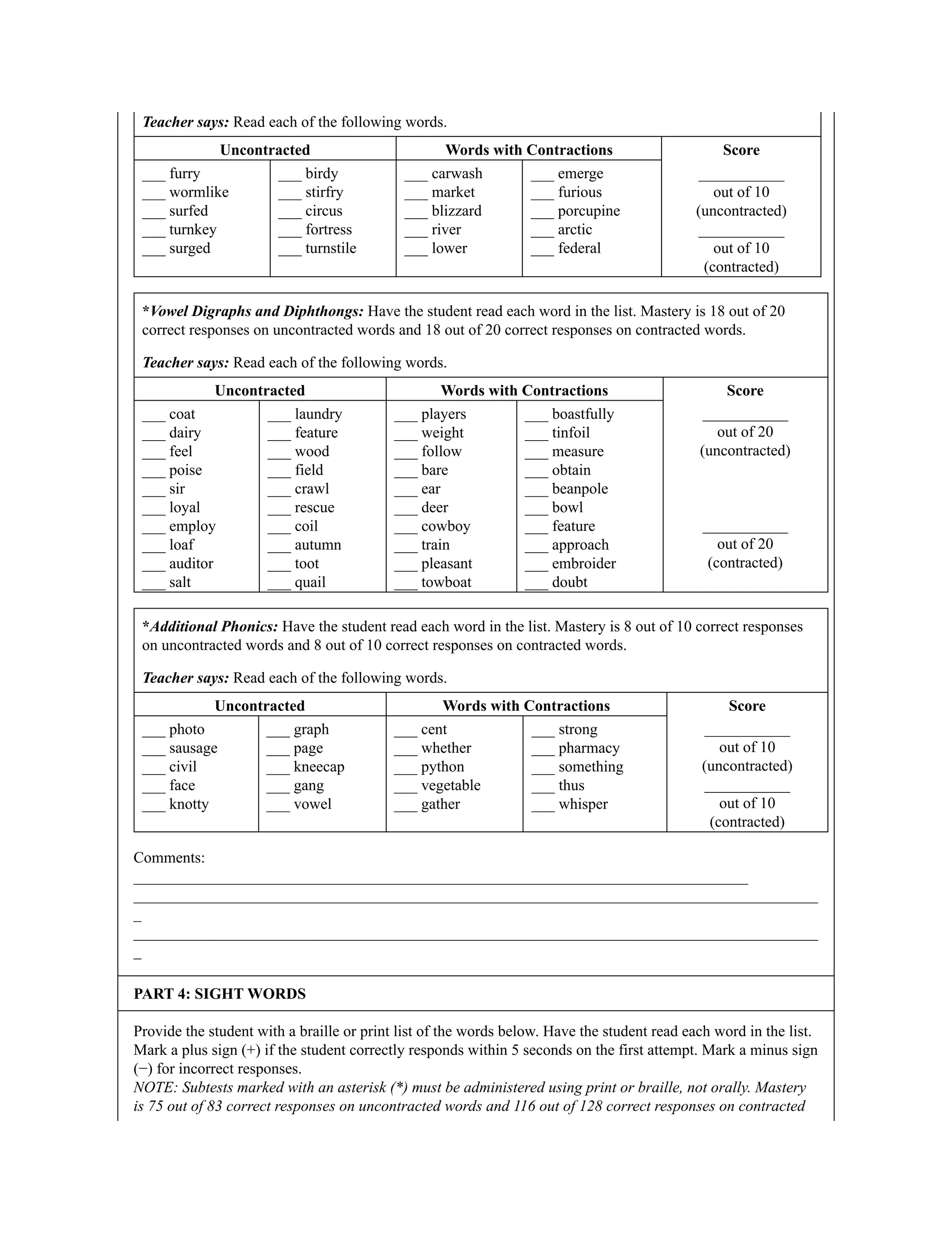 Teacher says: Read each of the following words.
Uncontracted Words with Contractions Score
___ furry
___ wormlike
___ surfed
___ turnkey
___ surged
___ birdy
___ stirfry
___ circus
___ fortress
___ turnstile
___ carwash
___ market
___ blizzard
___ river
___ lower
___ emerge
___ furious
___ porcupine
___ arctic
___ federal
___________
out of 10
(uncontracted)
___________
out of 10
(contracted)
*Vowel Digraphs and Diphthongs: Have the student read each word in the list. Mastery is 18 out of 20
correct responses on uncontracted words and 18 out of 20 correct responses on contracted words.
Teacher says: Read each of the following words.
Uncontracted Words with Contractions Score
___ coat
___ dairy
___ feel
___ poise
___ sir
___ loyal
___ employ
___ loaf
___ auditor
___ salt
___ laundry
___ feature
___ wood
___ field
___ crawl
___ rescue
___ coil
___ autumn
___ toot
___ quail
___ players
___ weight
___ follow
___ bare
___ ear
___ deer
___ cowboy
___ train
___ pleasant
___ towboat
___ boastfully
___ tinfoil
___ measure
___ obtain
___ beanpole
___ bowl
___ feature
___ approach
___ embroider
___ doubt
___________
out of 20
(uncontracted)
___________
out of 20
(contracted)
*Additional Phonics: Have the student read each word in the list. Mastery is 8 out of 10 correct responses
on uncontracted words and 8 out of 10 correct responses on contracted words.
Teacher says: Read each of the following words.
Uncontracted Words with Contractions Score
___ photo
___ sausage
___ civil
___ face
___ knotty
___ graph
___ page
___ kneecap
___ gang
___ vowel
___ cent
___ whether
___ python
___ vegetable
___ gather
___ strong
___ pharmacy
___ something
___ thus
___ whisper
___________
out of 10
(uncontracted)
___________
out of 10
(contracted)
Comments:
_______________________________________________________________________________
________________________________________________________________________________________
_
________________________________________________________________________________________
_
PART 4: SIGHT WORDS
Provide the student with a braille or print list of the words below. Have the student read each word in the list.
Mark a plus sign (+) if the student correctly responds within 5 seconds on the first attempt. Mark a minus sign
(−) for incorrect responses.
NOTE: Subtests marked with an asterisk (*) must be administered using print or braille, not orally. Mastery
is 75 out of 83 correct responses on uncontracted words and 116 out of 128 correct responses on contracted
 