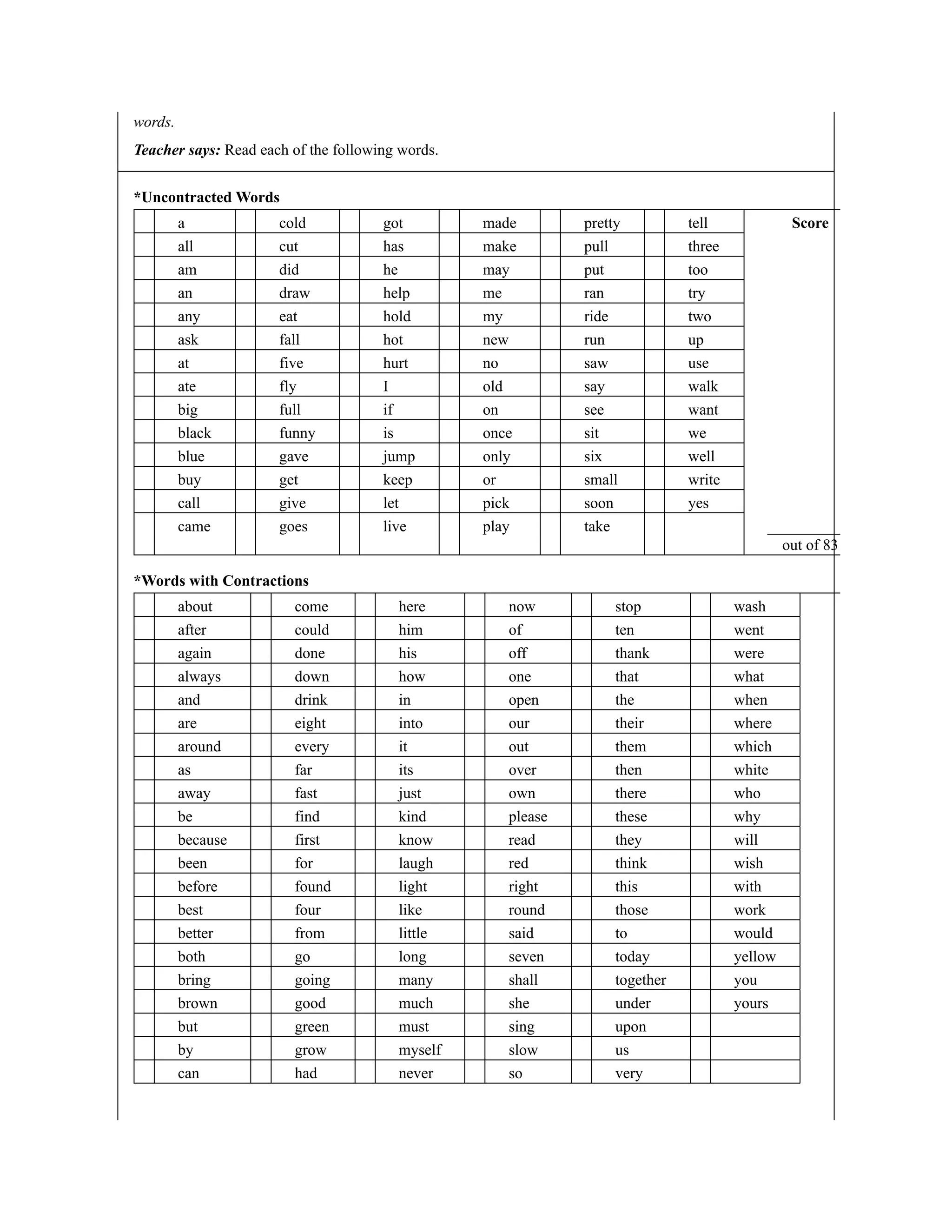 words.
Teacher says: Read each of the following words.
*Uncontracted Words
a cold got made pretty tell Score
all cut has make pull three
am did he may put too
an draw help me ran try
any eat hold my ride two
ask fall hot new run up
at five hurt no saw use
ate fly I old say walk
big full if on see want
black funny is once sit we
blue gave jump only six well
buy get keep or small write
call give let pick soon yes
came goes live play take __________
out of 83
*Words with Contractions
about come here now stop wash
after could him of ten went
again done his off thank were
always down how one that what
and drink in open the when
are eight into our their where
around every it out them which
as far its over then white
away fast just own there who
be find kind please these why
because first know read they will
been for laugh red think wish
before found light right this with
best four like round those work
better from little said to would
both go long seven today yellow
bring going many shall together you
brown good much she under yours
but green must sing upon
by grow myself slow us
can had never so very
 