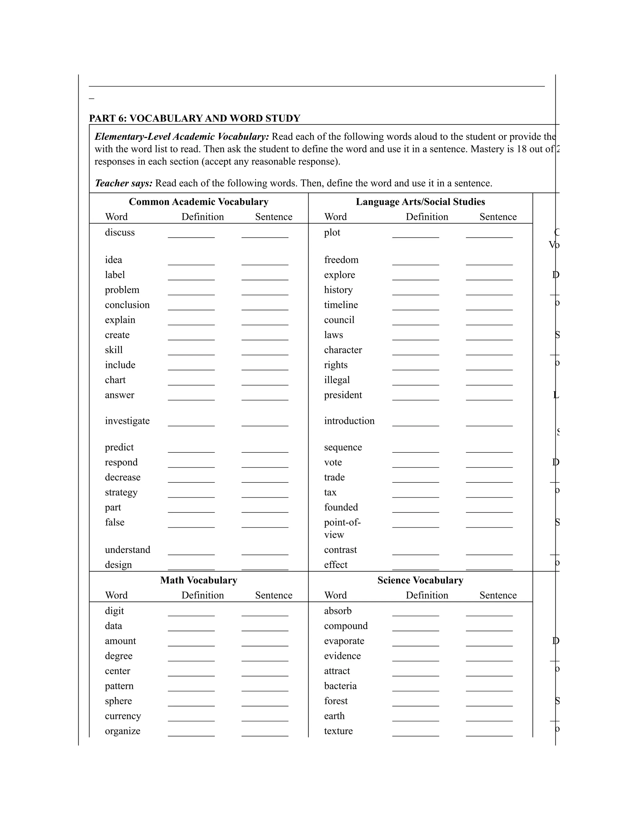 ________________________________________________________________________________________
_
PART 6: VOCABULARY AND WORD STUDY
Elementary-Level Academic Vocabulary: Read each of the following words aloud to the student or provide the
with the word list to read. Then ask the student to define the word and use it in a sentence. Mastery is 18 out of 2
responses in each section (accept any reasonable response).
Teacher says: Read each of the following words. Then, define the word and use it in a sentence.
Common Academic Vocabulary Language Arts/Social Studies
Word Definition Sentence Word Definition Sentence
discuss _________ _________ plot _________ _________ C
Vo
idea _________ _________ freedom _________ _________
label _________ _________ explore _________ _________ D
problem _________ _________ history _________ _________ __
o
conclusion _________ _________ timeline _________ _________
explain _________ _________ council _________ _________
create _________ _________ laws _________ _________ S
skill _________ _________ character _________ _________ __
o
include _________ _________ rights _________ _________
chart _________ _________ illegal _________ _________
answer _________ _________ president _________ _________ L
S
investigate _________ _________ introduction _________ _________
predict _________ _________ sequence _________ _________
respond _________ _________ vote _________ _________ D
decrease _________ _________ trade _________ _________ __
o
strategy _________ _________ tax _________ _________
part _________ _________ founded _________ _________
false _________ _________ point-of-
view
_________ _________ S
understand _________ _________ contrast _________ _________ __
o
design _________ _________ effect _________ _________
Math Vocabulary Science Vocabulary
Word Definition Sentence Word Definition Sentence
digit _________ _________ absorb _________ _________
data _________ _________ compound _________ _________
amount _________ _________ evaporate _________ _________ D
degree _________ _________ evidence _________ _________ __
o
center _________ _________ attract _________ _________
pattern _________ _________ bacteria _________ _________
sphere _________ _________ forest _________ _________ S
currency _________ _________ earth _________ _________ __
o
organize _________ _________ texture _________ _________
 