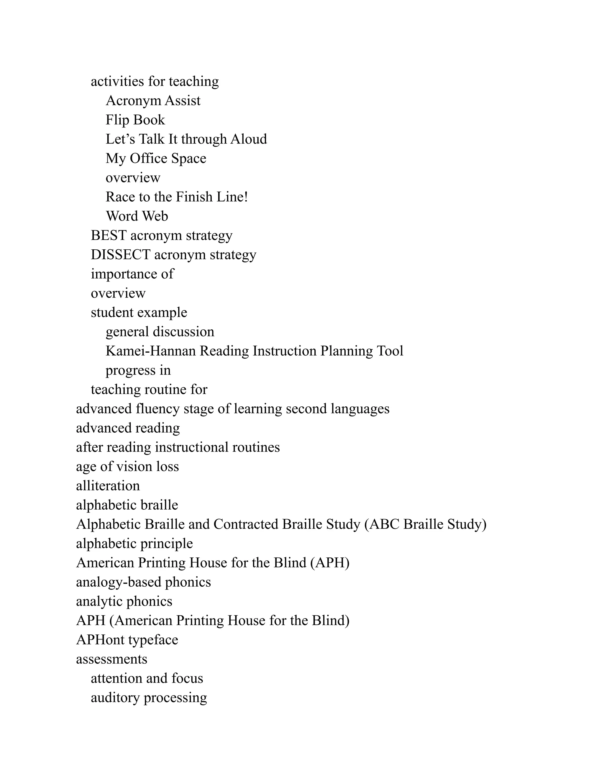 activities for teaching
Acronym Assist
Flip Book
Let’s Talk It through Aloud
My Office Space
overview
Race to the Finish Line!
Word Web
BEST acronym strategy
DISSECT acronym strategy
importance of
overview
student example
general discussion
Kamei-Hannan Reading Instruction Planning Tool
progress in
teaching routine for
advanced fluency stage of learning second languages
advanced reading
after reading instructional routines
age of vision loss
alliteration
alphabetic braille
Alphabetic Braille and Contracted Braille Study (ABC Braille Study)
alphabetic principle
American Printing House for the Blind (APH)
analogy-based phonics
analytic phonics
APH (American Printing House for the Blind)
APHont typeface
assessments
attention and focus
auditory processing
 