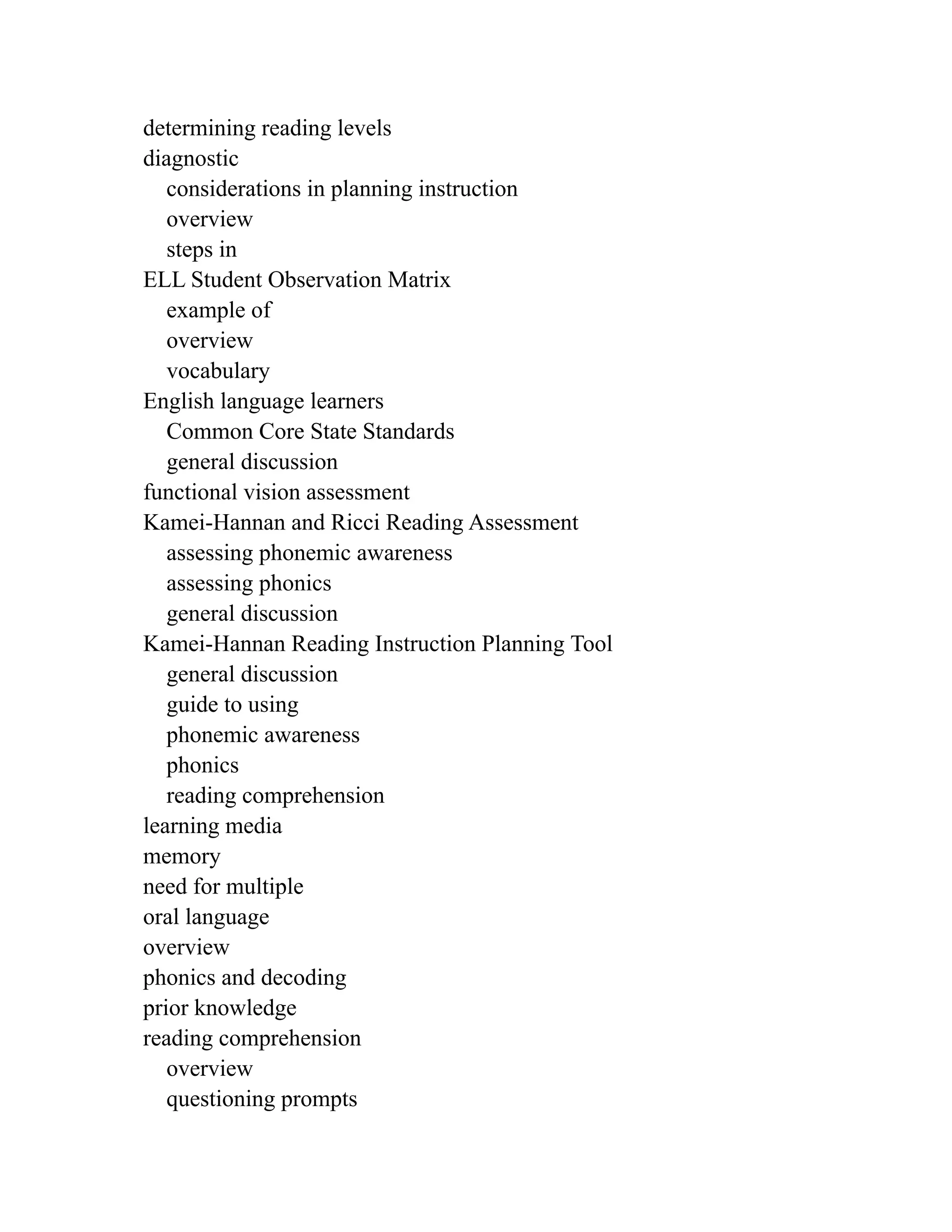determining reading levels
diagnostic
considerations in planning instruction
overview
steps in
ELL Student Observation Matrix
example of
overview
vocabulary
English language learners
Common Core State Standards
general discussion
functional vision assessment
Kamei-Hannan and Ricci Reading Assessment
assessing phonemic awareness
assessing phonics
general discussion
Kamei-Hannan Reading Instruction Planning Tool
general discussion
guide to using
phonemic awareness
phonics
reading comprehension
learning media
memory
need for multiple
oral language
overview
phonics and decoding
prior knowledge
reading comprehension
overview
questioning prompts
 