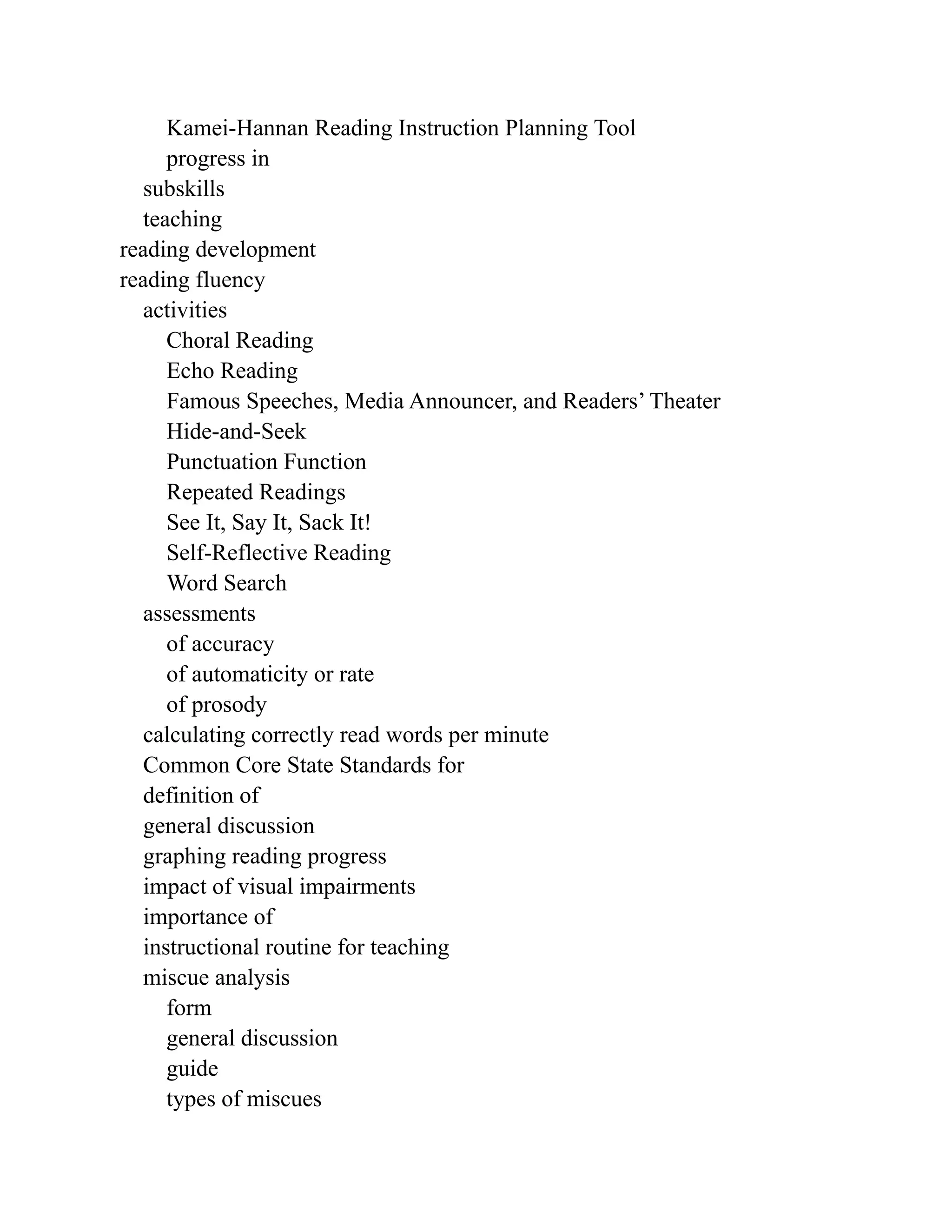 Kamei-Hannan Reading Instruction Planning Tool
progress in
subskills
teaching
reading development
reading fluency
activities
Choral Reading
Echo Reading
Famous Speeches, Media Announcer, and Readers’ Theater
Hide-and-Seek
Punctuation Function
Repeated Readings
See It, Say It, Sack It!
Self-Reflective Reading
Word Search
assessments
of accuracy
of automaticity or rate
of prosody
calculating correctly read words per minute
Common Core State Standards for
definition of
general discussion
graphing reading progress
impact of visual impairments
importance of
instructional routine for teaching
miscue analysis
form
general discussion
guide
types of miscues
 
