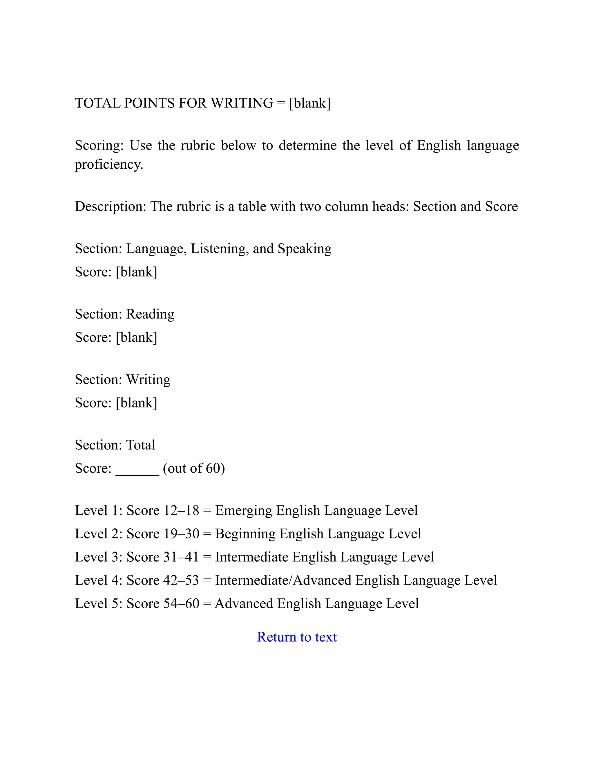 TOTAL POINTS FOR WRITING = [blank]
Scoring: Use the rubric below to determine the level of English language
proficiency.
Description: The rubric is a table with two column heads: Section and Score
Section: Language, Listening, and Speaking
Score: [blank]
Section: Reading
Score: [blank]
Section: Writing
Score: [blank]
Section: Total
Score: ______ (out of 60)
Level 1: Score 12–18 = Emerging English Language Level
Level 2: Score 19–30 = Beginning English Language Level
Level 3: Score 31–41 = Intermediate English Language Level
Level 4: Score 42–53 = Intermediate/Advanced English Language Level
Level 5: Score 54–60 = Advanced English Language Level
Return to text
 
