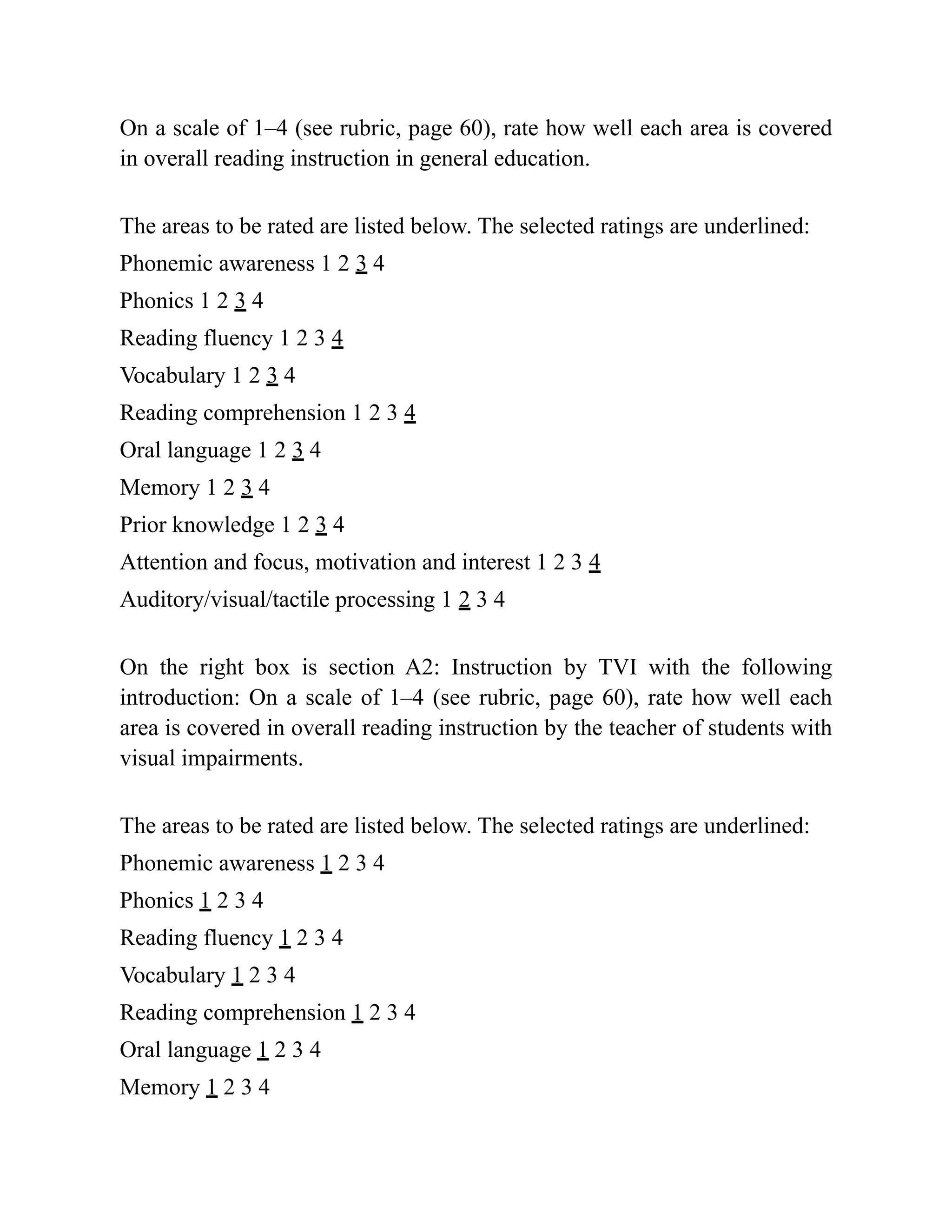 On a scale of 1–4 (see rubric, page 60), rate how well each area is covered
in overall reading instruction in general education.
The areas to be rated are listed below. The selected ratings are underlined:
Phonemic awareness 1 2 3 4
Phonics 1 2 3 4
Reading fluency 1 2 3 4
Vocabulary 1 2 3 4
Reading comprehension 1 2 3 4
Oral language 1 2 3 4
Memory 1 2 3 4
Prior knowledge 1 2 3 4
Attention and focus, motivation and interest 1 2 3 4
Auditory/visual/tactile processing 1 2 3 4
On the right box is section A2: Instruction by TVI with the following
introduction: On a scale of 1–4 (see rubric, page 60), rate how well each
area is covered in overall reading instruction by the teacher of students with
visual impairments.
The areas to be rated are listed below. The selected ratings are underlined:
Phonemic awareness 1 2 3 4
Phonics 1 2 3 4
Reading fluency 1 2 3 4
Vocabulary 1 2 3 4
Reading comprehension 1 2 3 4
Oral language 1 2 3 4
Memory 1 2 3 4
 