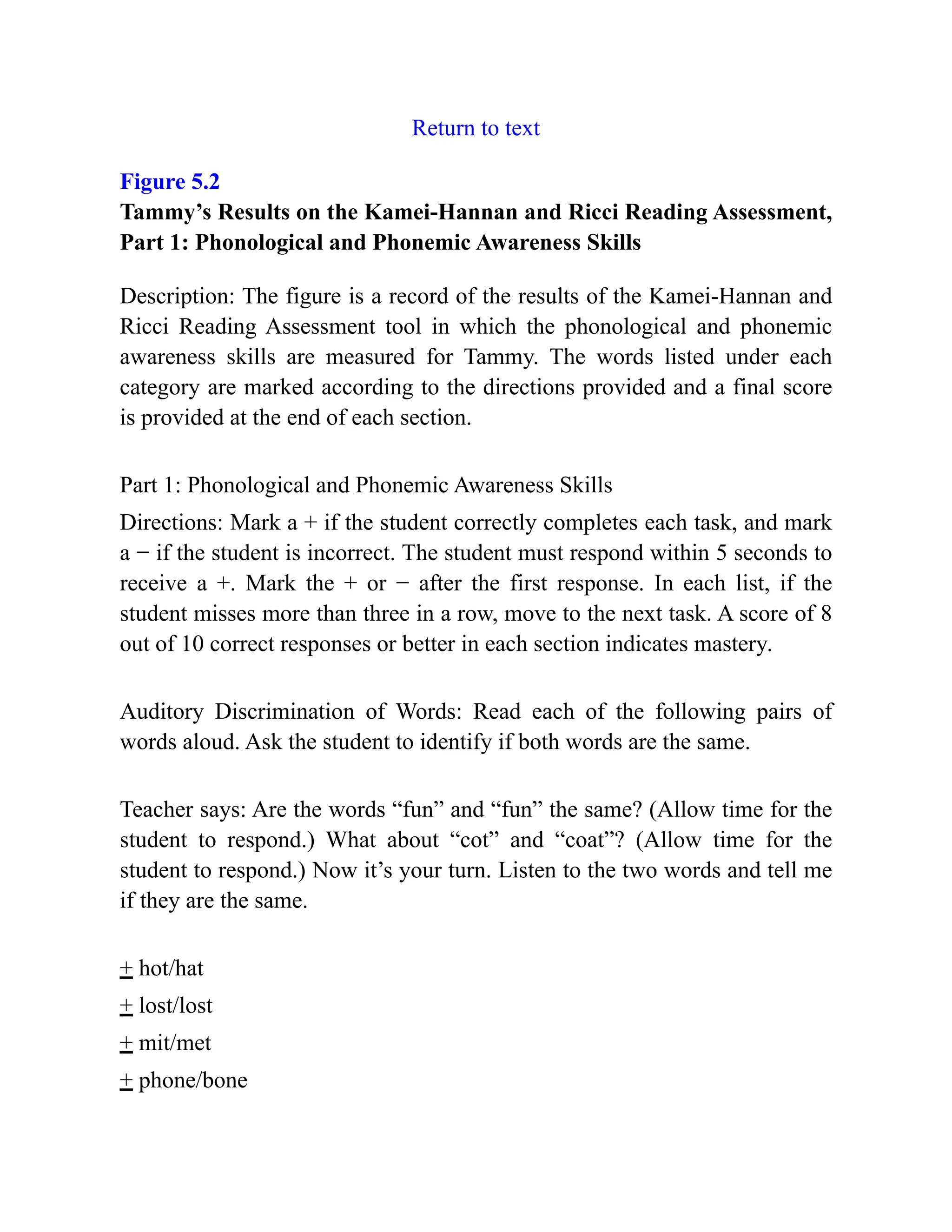 Return to text
Figure 5.2
Tammy’s Results on the Kamei-Hannan and Ricci Reading Assessment,
Part 1: Phonological and Phonemic Awareness Skills
Description: The figure is a record of the results of the Kamei-Hannan and
Ricci Reading Assessment tool in which the phonological and phonemic
awareness skills are measured for Tammy. The words listed under each
category are marked according to the directions provided and a final score
is provided at the end of each section.
Part 1: Phonological and Phonemic Awareness Skills
Directions: Mark a + if the student correctly completes each task, and mark
a − if the student is incorrect. The student must respond within 5 seconds to
receive a +. Mark the + or − after the first response. In each list, if the
student misses more than three in a row, move to the next task. A score of 8
out of 10 correct responses or better in each section indicates mastery.
Auditory Discrimination of Words: Read each of the following pairs of
words aloud. Ask the student to identify if both words are the same.
Teacher says: Are the words “fun” and “fun” the same? (Allow time for the
student to respond.) What about “cot” and “coat”? (Allow time for the
student to respond.) Now it’s your turn. Listen to the two words and tell me
if they are the same.
+ hot/hat
+ lost/lost
+ mit/met
+ phone/bone
 