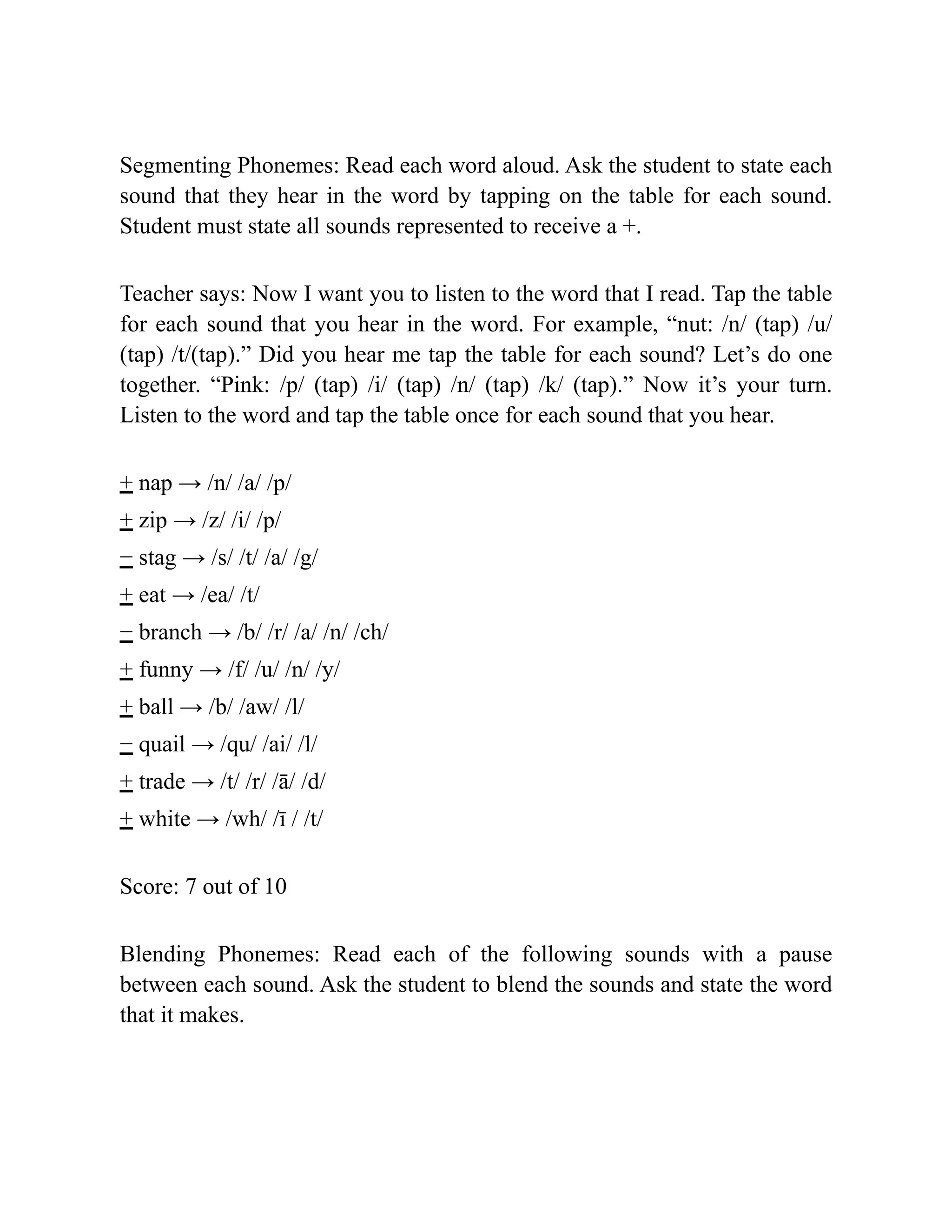 Segmenting Phonemes: Read each word aloud. Ask the student to state each
sound that they hear in the word by tapping on the table for each sound.
Student must state all sounds represented to receive a +.
Teacher says: Now I want you to listen to the word that I read. Tap the table
for each sound that you hear in the word. For example, “nut: /n/ (tap) /u/
(tap) /t/(tap).” Did you hear me tap the table for each sound? Let’s do one
together. “Pink: /p/ (tap) /i/ (tap) /n/ (tap) /k/ (tap).” Now it’s your turn.
Listen to the word and tap the table once for each sound that you hear.
+ nap → /n/ /a/ /p/
+ zip → /z/ /i/ /p/
− stag → /s/ /t/ /a/ /g/
+ eat → /ea/ /t/
− branch → /b/ /r/ /a/ /n/ /ch/
+ funny → /f/ /u/ /n/ /y/
+ ball → /b/ /aw/ /l/
− quail → /qu/ /ai/ /l/
+ trade → /t/ /r/ /ā/ /d/
+ white → /wh/ /ī / /t/
Score: 7 out of 10
Blending Phonemes: Read each of the following sounds with a pause
between each sound. Ask the student to blend the sounds and state the word
that it makes.
 
