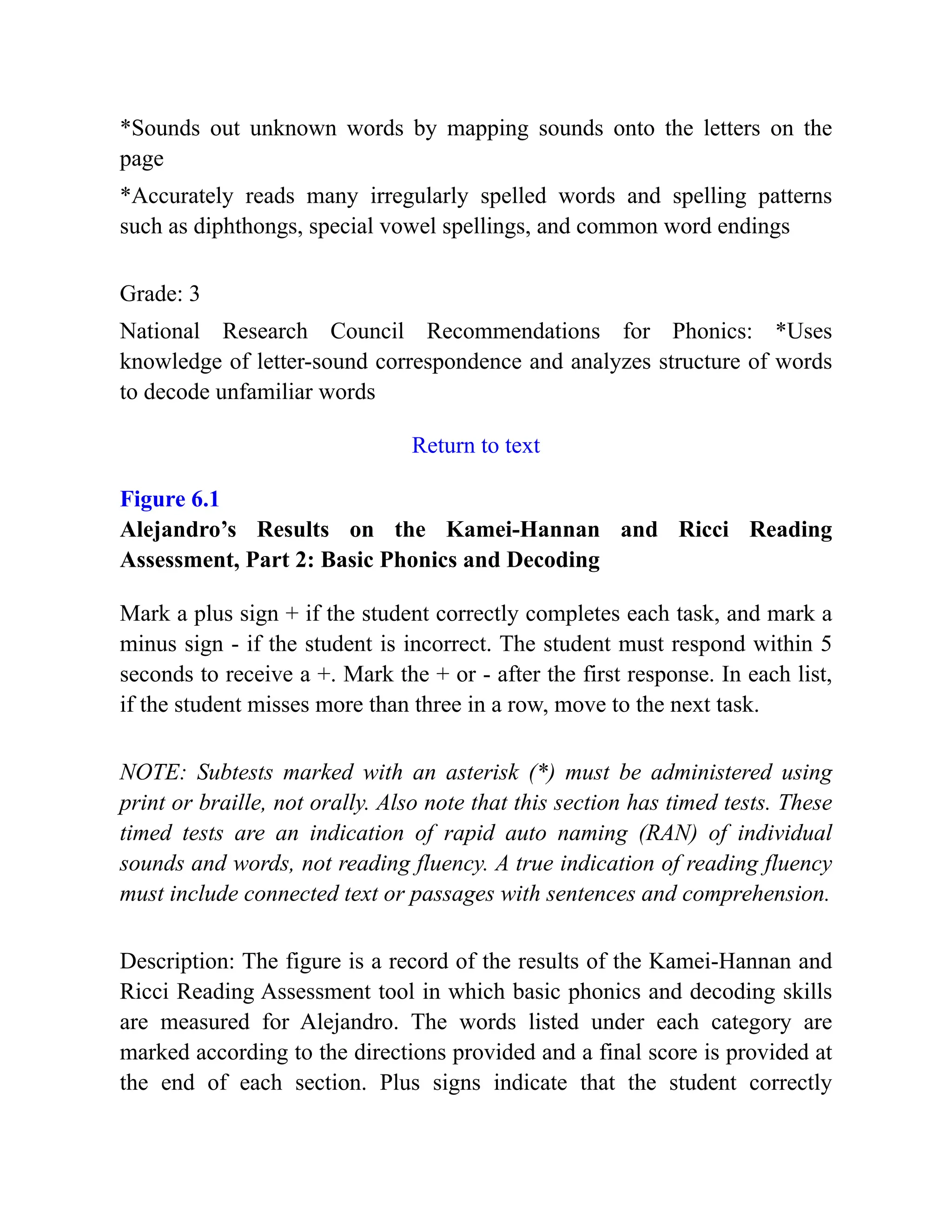 *Sounds out unknown words by mapping sounds onto the letters on the
page
*Accurately reads many irregularly spelled words and spelling patterns
such as diphthongs, special vowel spellings, and common word endings
Grade: 3
National Research Council Recommendations for Phonics: *Uses
knowledge of letter-sound correspondence and analyzes structure of words
to decode unfamiliar words
Return to text
Figure 6.1
Alejandro’s Results on the Kamei-Hannan and Ricci Reading
Assessment, Part 2: Basic Phonics and Decoding
Mark a plus sign + if the student correctly completes each task, and mark a
minus sign - if the student is incorrect. The student must respond within 5
seconds to receive a +. Mark the + or - after the first response. In each list,
if the student misses more than three in a row, move to the next task.
NOTE: Subtests marked with an asterisk (*) must be administered using
print or braille, not orally. Also note that this section has timed tests. These
timed tests are an indication of rapid auto naming (RAN) of individual
sounds and words, not reading fluency. A true indication of reading fluency
must include connected text or passages with sentences and comprehension.
Description: The figure is a record of the results of the Kamei-Hannan and
Ricci Reading Assessment tool in which basic phonics and decoding skills
are measured for Alejandro. The words listed under each category are
marked according to the directions provided and a final score is provided at
the end of each section. Plus signs indicate that the student correctly
 