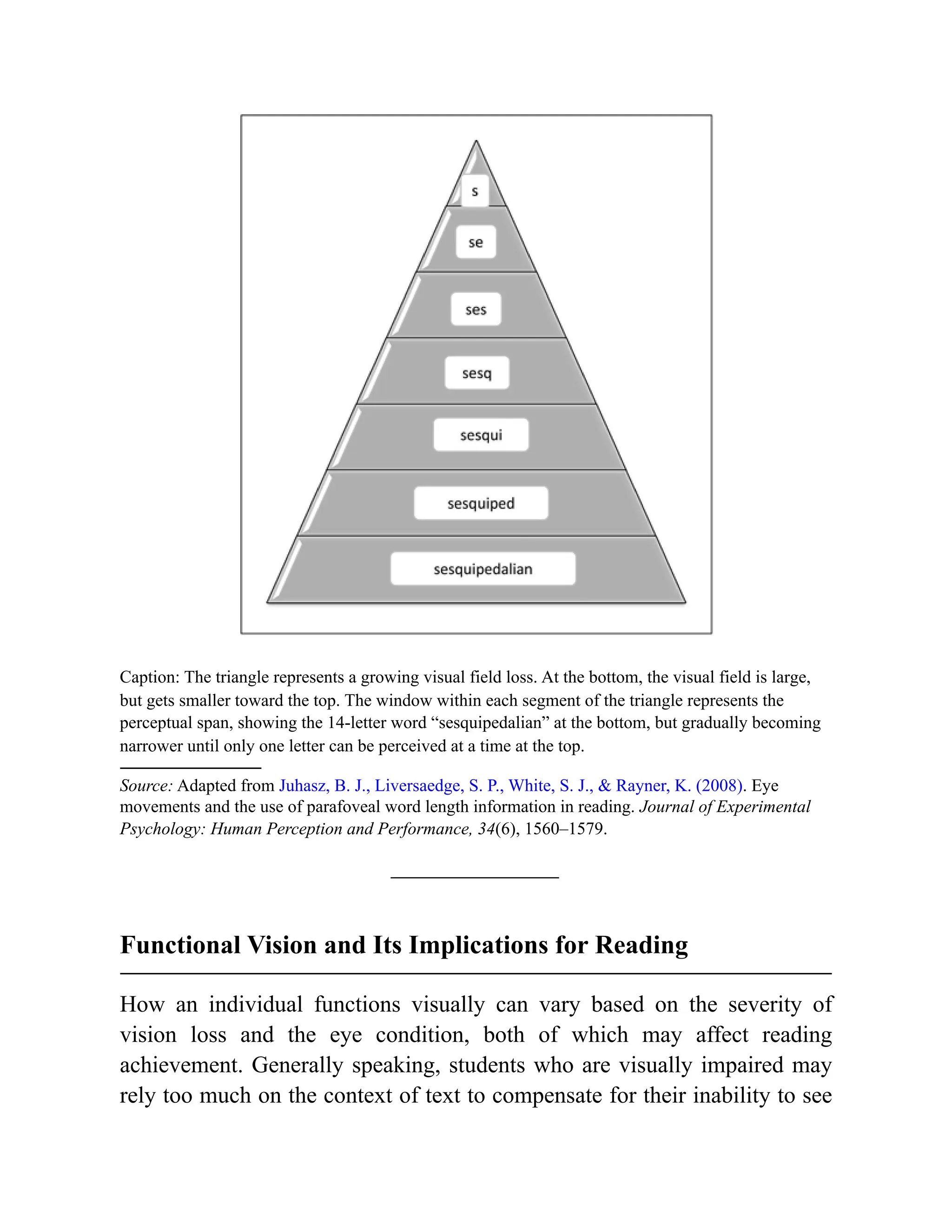 Caption: The triangle represents a growing visual field loss. At the bottom, the visual field is large,
but gets smaller toward the top. The window within each segment of the triangle represents the
perceptual span, showing the 14-letter word “sesquipedalian” at the bottom, but gradually becoming
narrower until only one letter can be perceived at a time at the top.
Source: Adapted from Juhasz, B. J., Liversaedge, S. P., White, S. J., & Rayner, K. (2008). Eye
movements and the use of parafoveal word length information in reading. Journal of Experimental
Psychology: Human Perception and Performance, 34(6), 1560–1579.
Functional Vision and Its Implications for Reading
How an individual functions visually can vary based on the severity of
vision loss and the eye condition, both of which may affect reading
achievement. Generally speaking, students who are visually impaired may
rely too much on the context of text to compensate for their inability to see
 