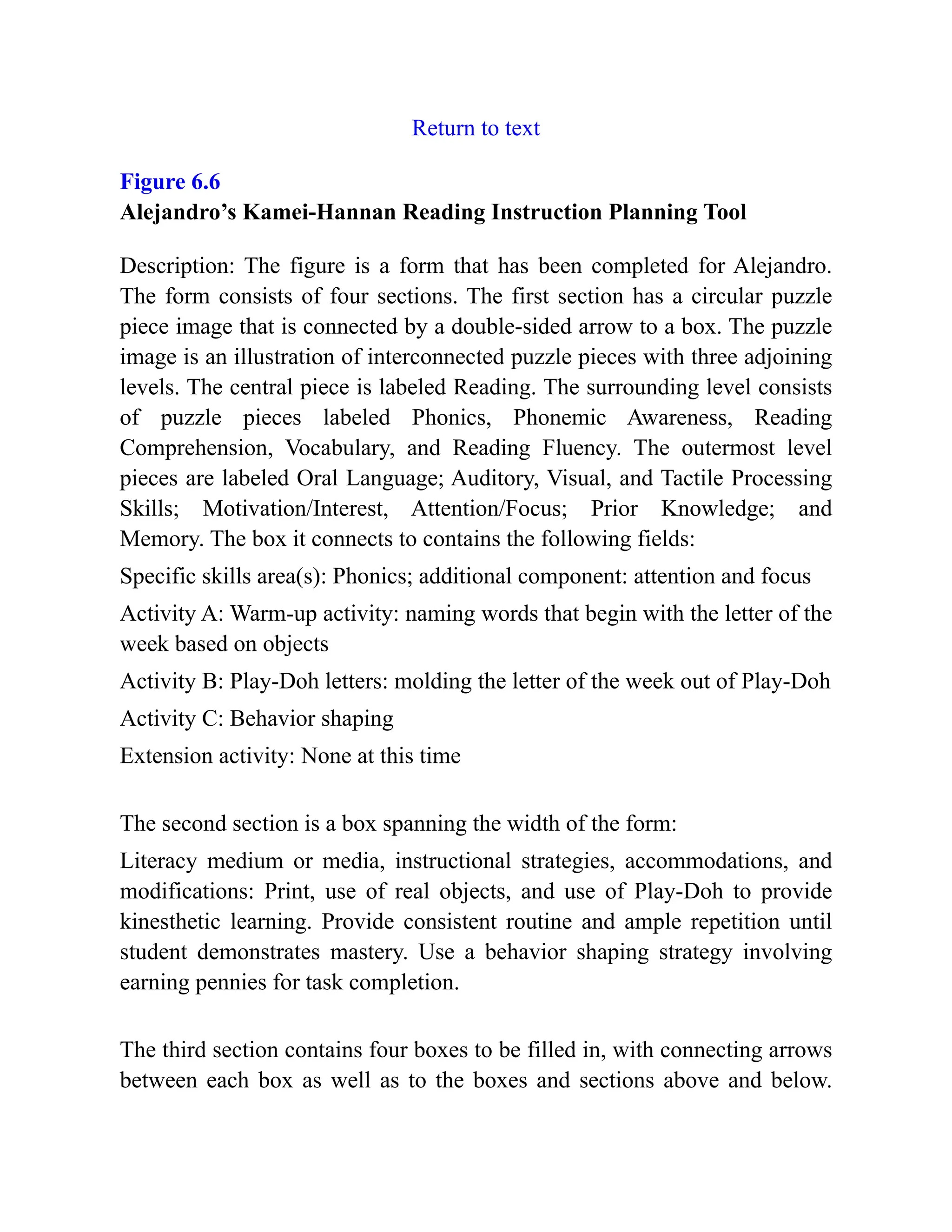 Return to text
Figure 6.6
Alejandro’s Kamei-Hannan Reading Instruction Planning Tool
Description: The figure is a form that has been completed for Alejandro.
The form consists of four sections. The first section has a circular puzzle
piece image that is connected by a double-sided arrow to a box. The puzzle
image is an illustration of interconnected puzzle pieces with three adjoining
levels. The central piece is labeled Reading. The surrounding level consists
of puzzle pieces labeled Phonics, Phonemic Awareness, Reading
Comprehension, Vocabulary, and Reading Fluency. The outermost level
pieces are labeled Oral Language; Auditory, Visual, and Tactile Processing
Skills; Motivation/Interest, Attention/Focus; Prior Knowledge; and
Memory. The box it connects to contains the following fields:
Specific skills area(s): Phonics; additional component: attention and focus
Activity A: Warm-up activity: naming words that begin with the letter of the
week based on objects
Activity B: Play-Doh letters: molding the letter of the week out of Play-Doh
Activity C: Behavior shaping
Extension activity: None at this time
The second section is a box spanning the width of the form:
Literacy medium or media, instructional strategies, accommodations, and
modifications: Print, use of real objects, and use of Play-Doh to provide
kinesthetic learning. Provide consistent routine and ample repetition until
student demonstrates mastery. Use a behavior shaping strategy involving
earning pennies for task completion.
The third section contains four boxes to be filled in, with connecting arrows
between each box as well as to the boxes and sections above and below.
 
